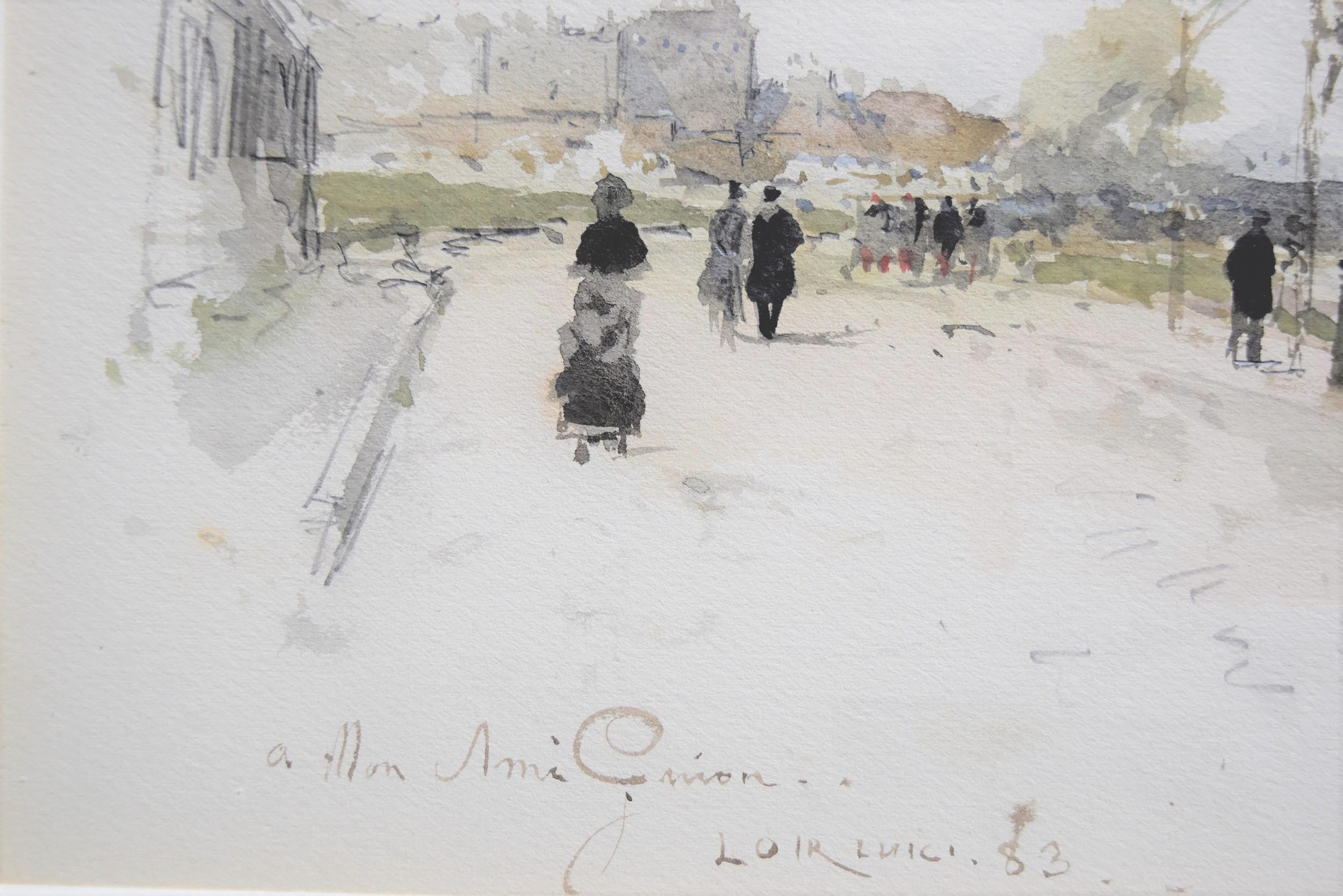 Luigi Loir (1845-1916) The Walk along the river, 1883, watercolor signed  1