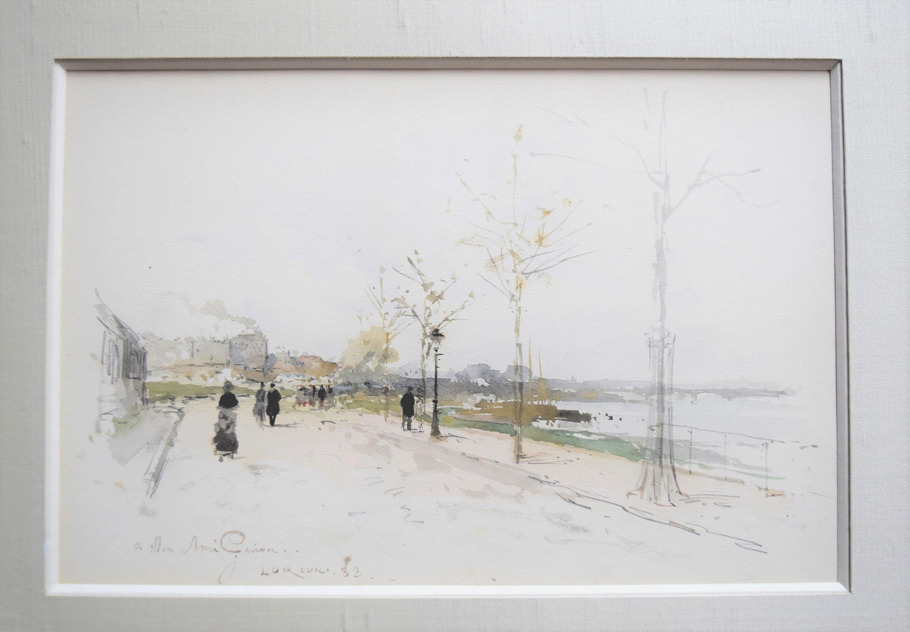 Luigi Loir (1845-1916) The Walk along the river, 1883, watercolor signed  2