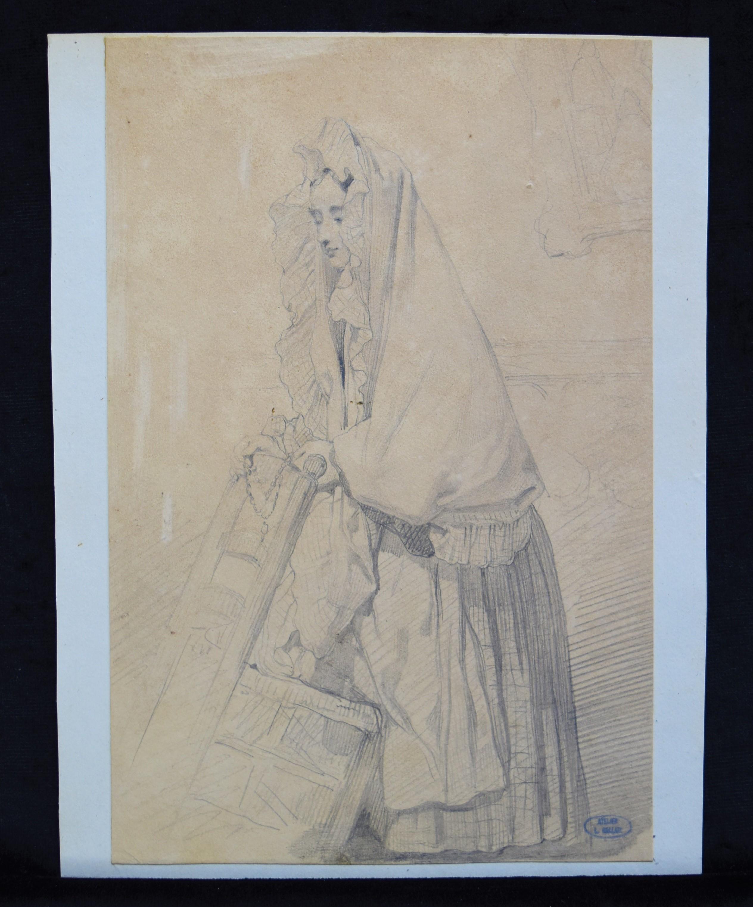 Louis Gallait (1810-1885)
A young girl in prayer, study
Lead mine on paper,  
26 x 17 cm
Stamp of the Louis Gallait Estate on the lower right
In quite good condition, traces of rubbings in the left part as visible on the pictures, slightly