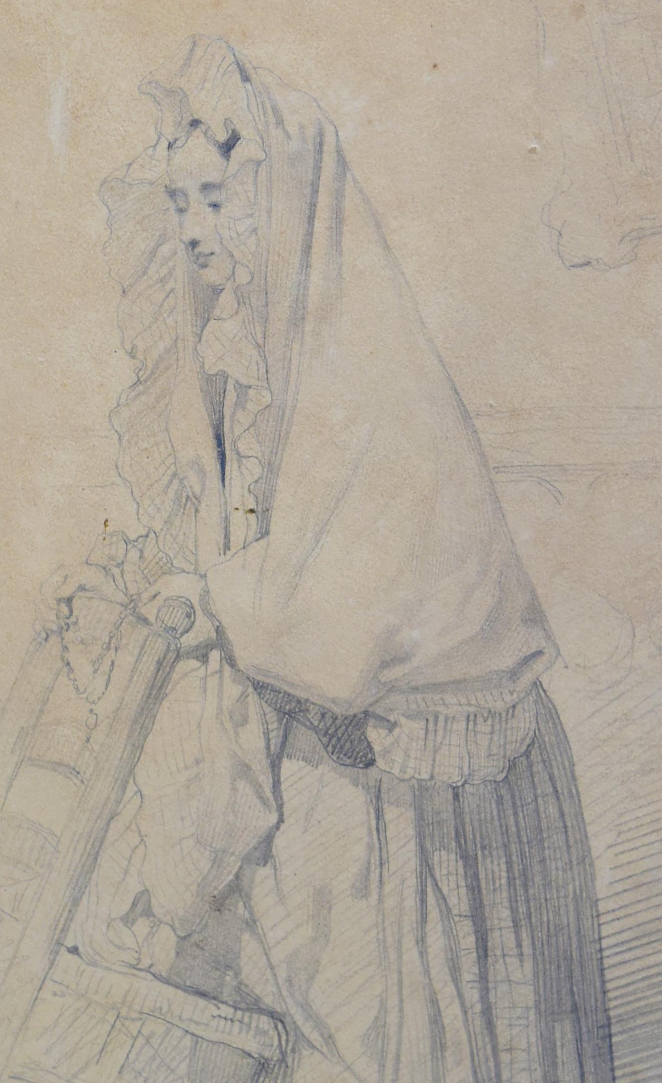 Louis Gallait (1810-1887) Study of a young girl in prayer, drawing 2