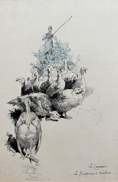 Gustave Fraipont (1849-1923) A peasant girl with her flock of Turkeys, drawing