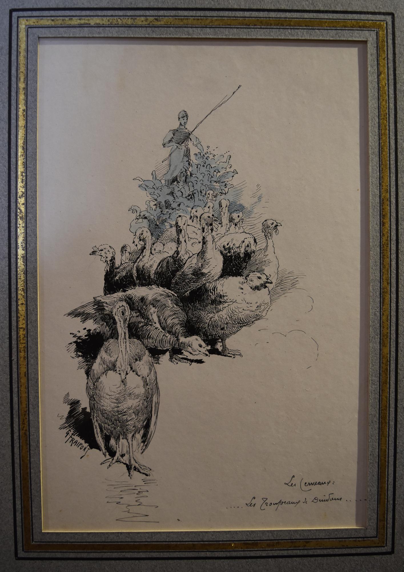 Gustave Fraipont (1849-1923) Une jeune fille paysanne avec son troupeau de Turquies, dessin en vente 3