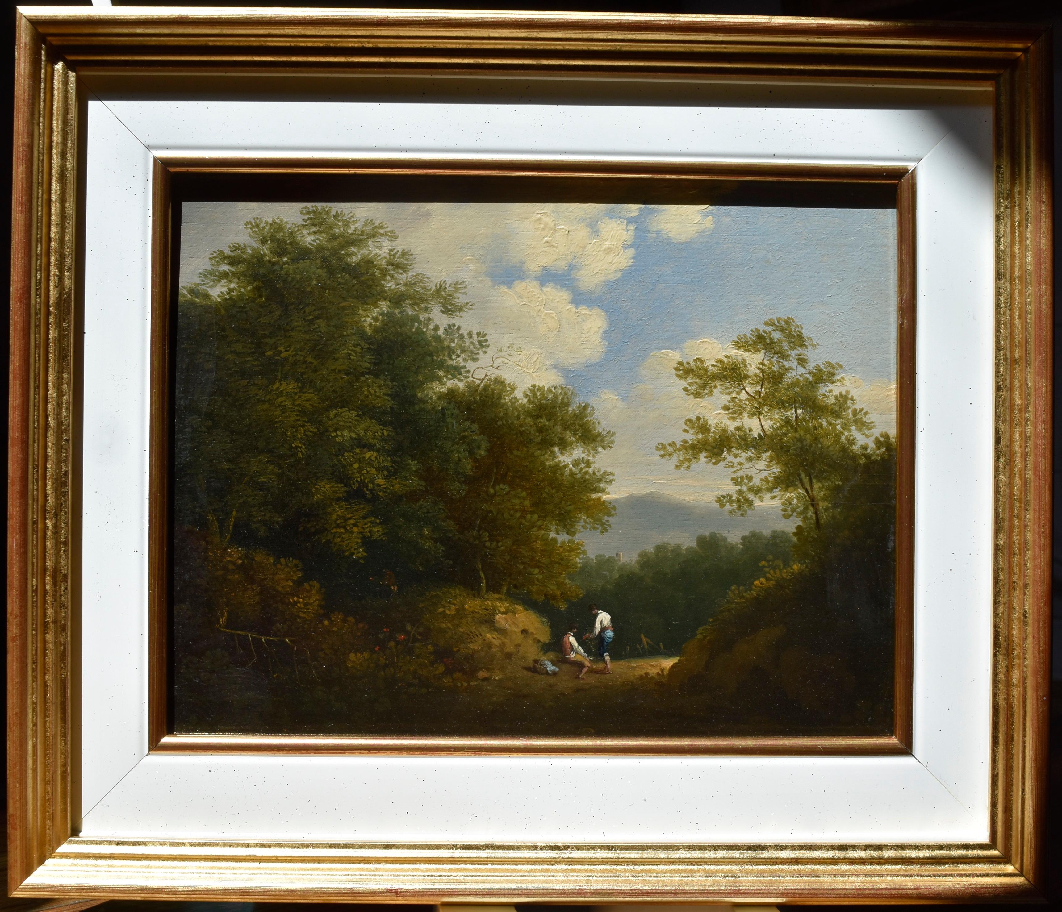 John Warwick Smith (1749-1831) 
Lanscape with two travellers, 
oil on panel
19.5 x 24.5 cm
Label with the name and adress (!) of the painter on the reverse
In a modern frame  : 29 x 34 cm

Smith was born at Irthington, near Carlisle, Cumberland, the