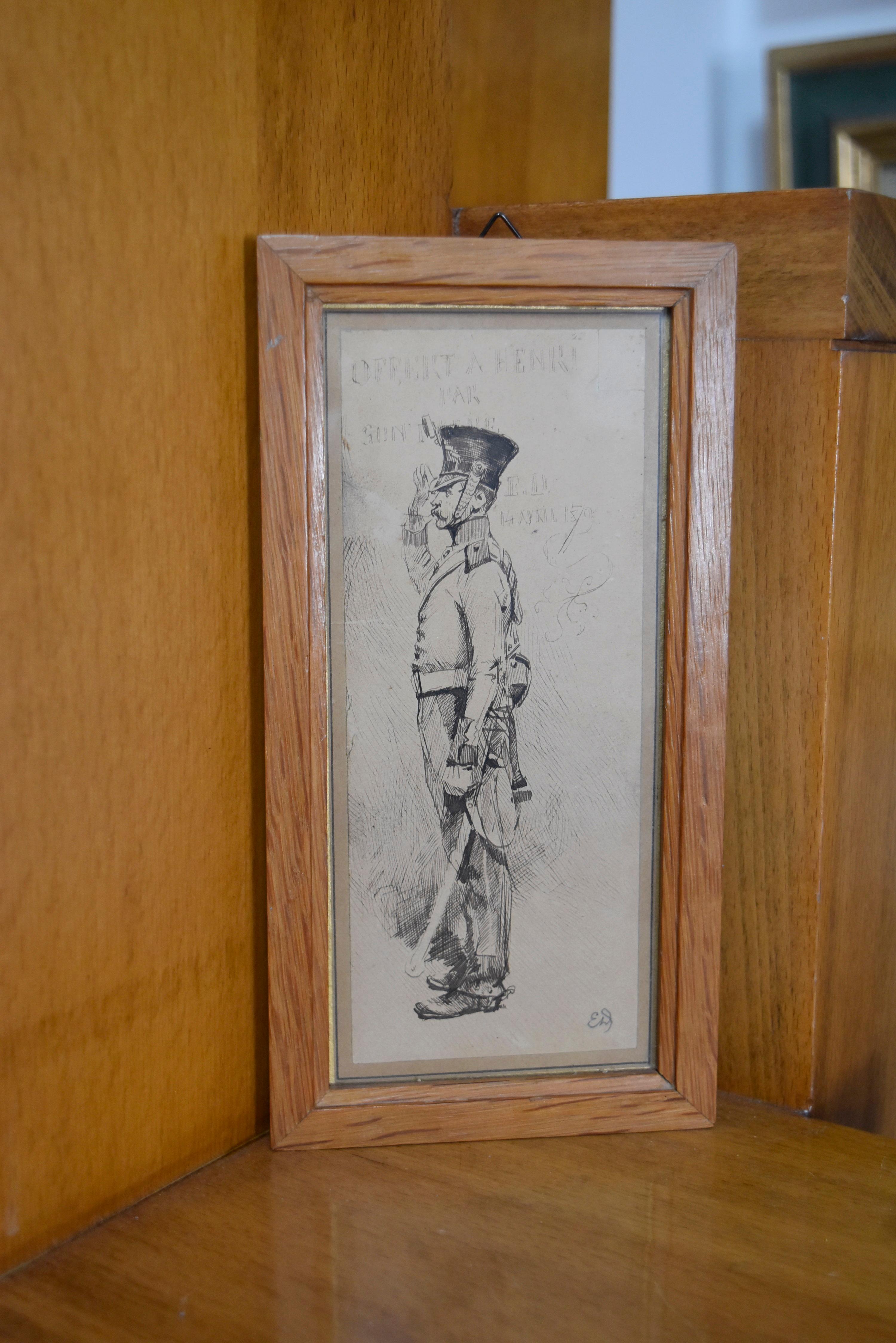 Edouard Detaille (1848 1912), Un soldat à l'attention, dessin original - Marron Figurative Art par Jean Baptiste Édouard Detaille