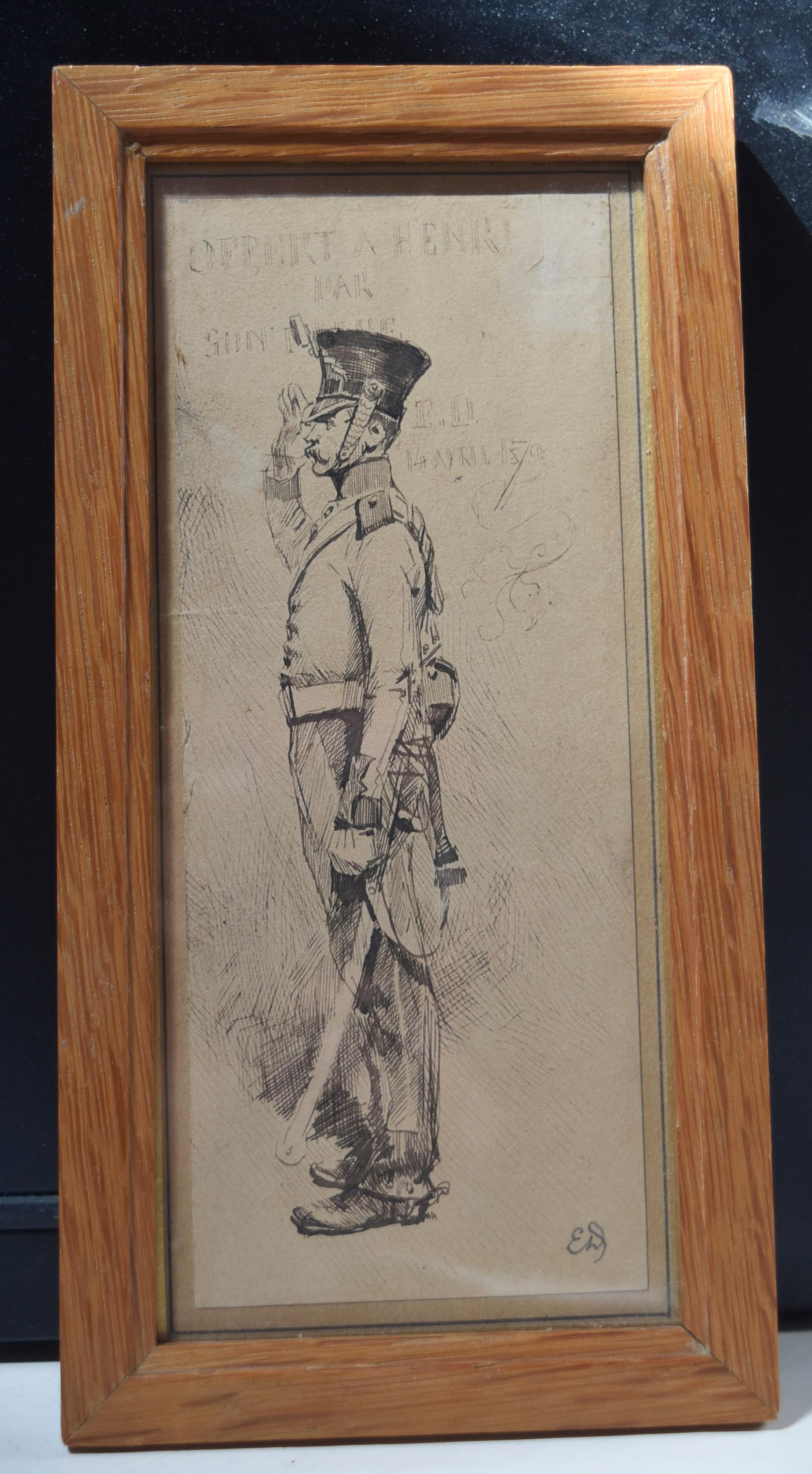 Edouard Detaille (1848 1912), Un soldat à l'attention, dessin original - Art de Jean Baptiste Édouard Detaille