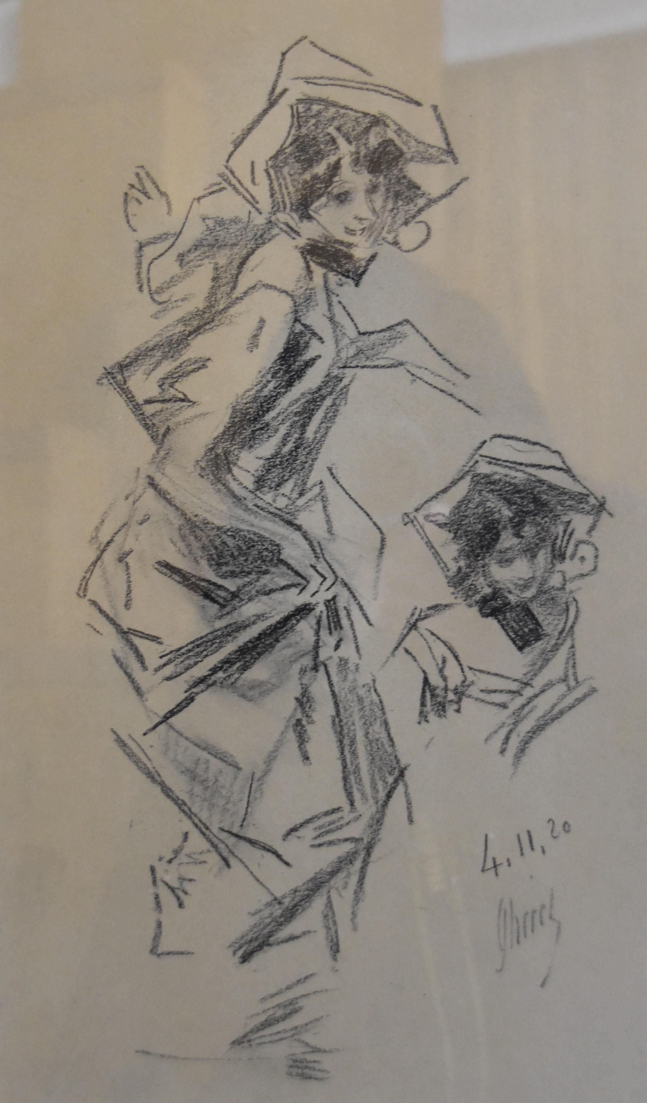 Jules Chéret Portrait - Jules Cheret (1836-1932) A young lady, two studies, charcoal drawing, signed