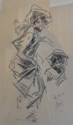 Antique Jules Cheret (1836-1932) A young lady, two studies, charcoal drawing, signed