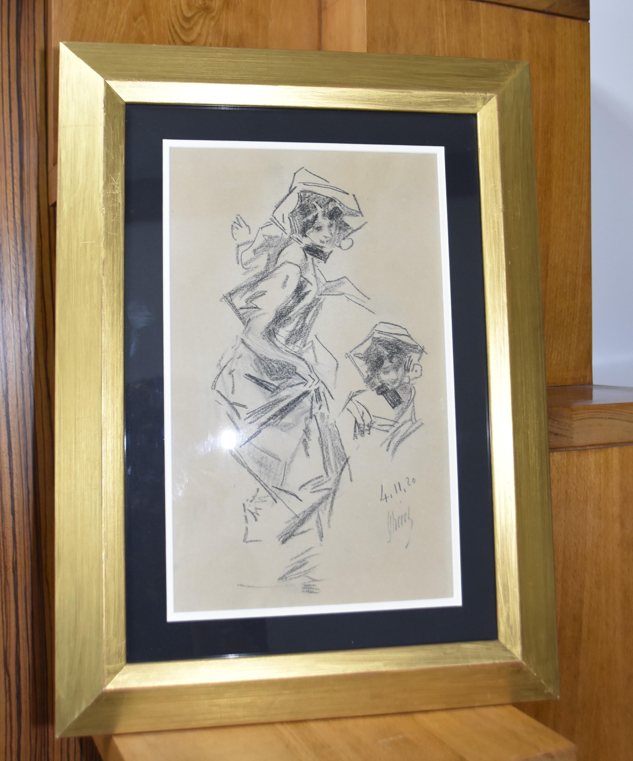 Jules Cheret (1836-1932) A young lady, two studies, charcoal drawing, signed 1