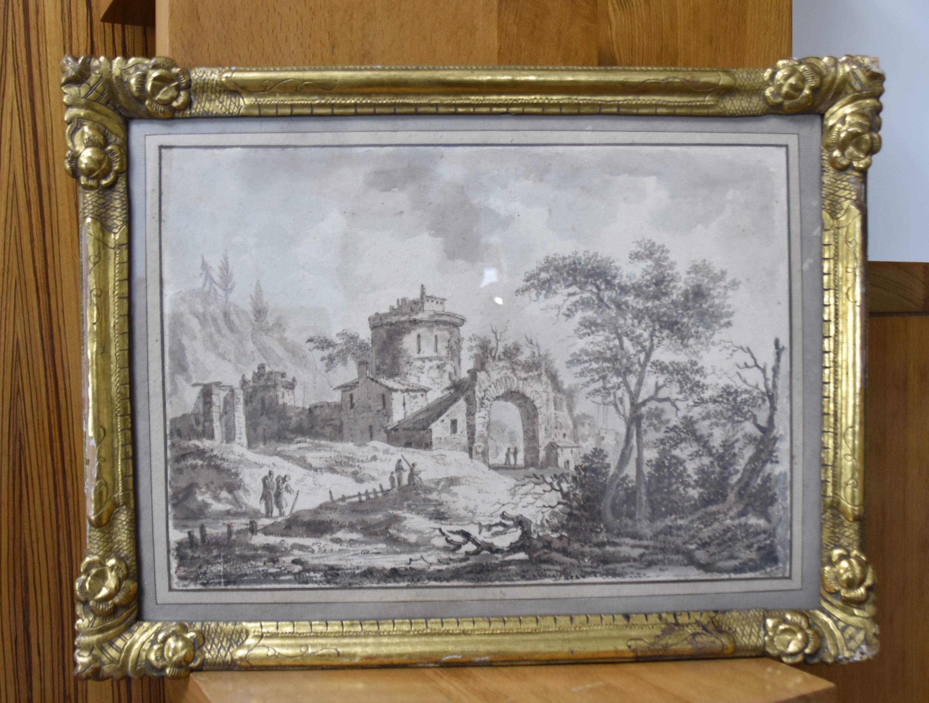 France, 18th Century, View of a fortified village, drawing