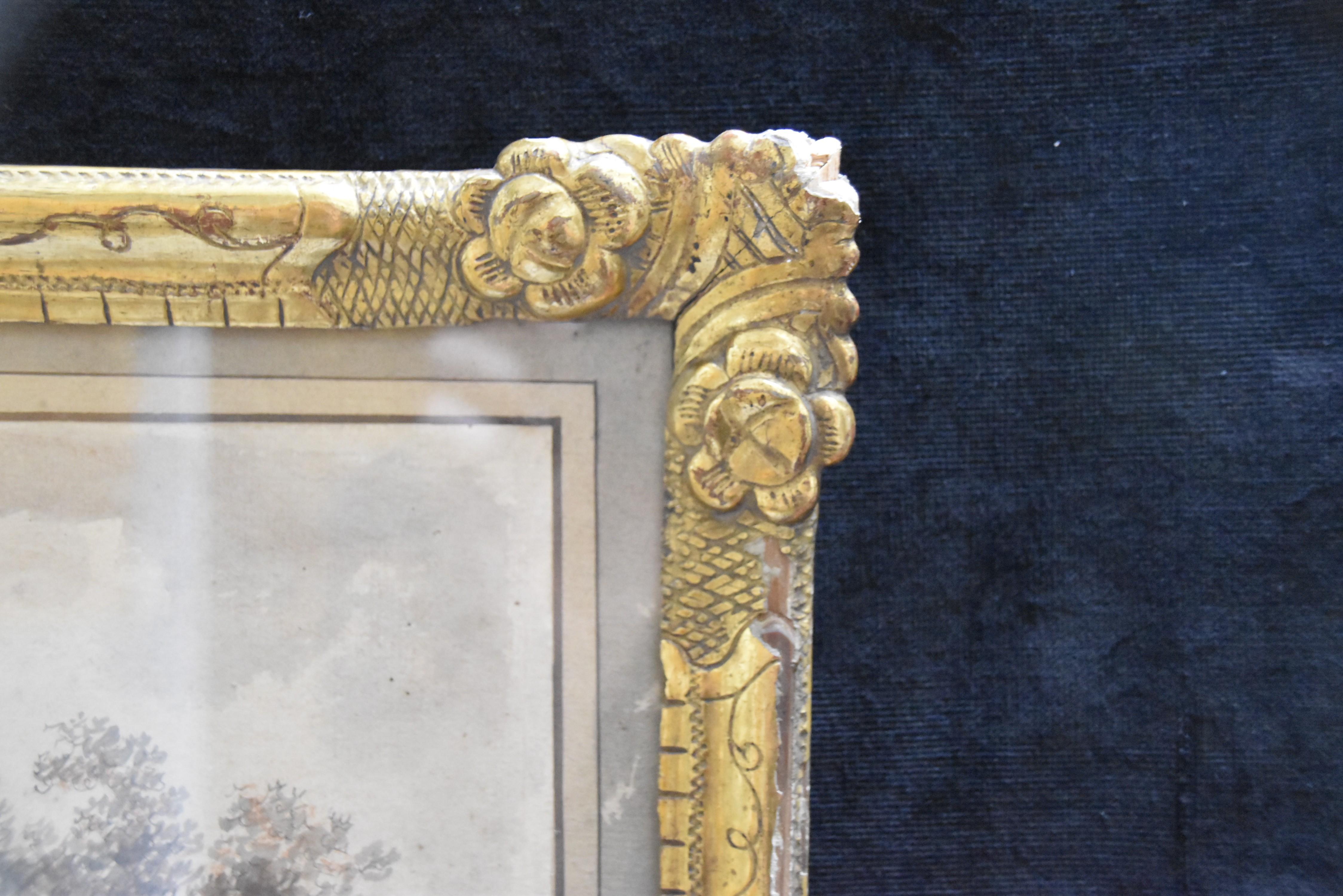 Frankreich um 1770
Blick auf ein befestigtes Dorf
Braune Tinte, braun lavierte Tinte und rote Kreide auf Papier 
24 x 34,5 cm
In recht gutem Zustand, einige Stockflecken im oberen Teil, ein reparierter Riss unten links, eine Falte unten rechts