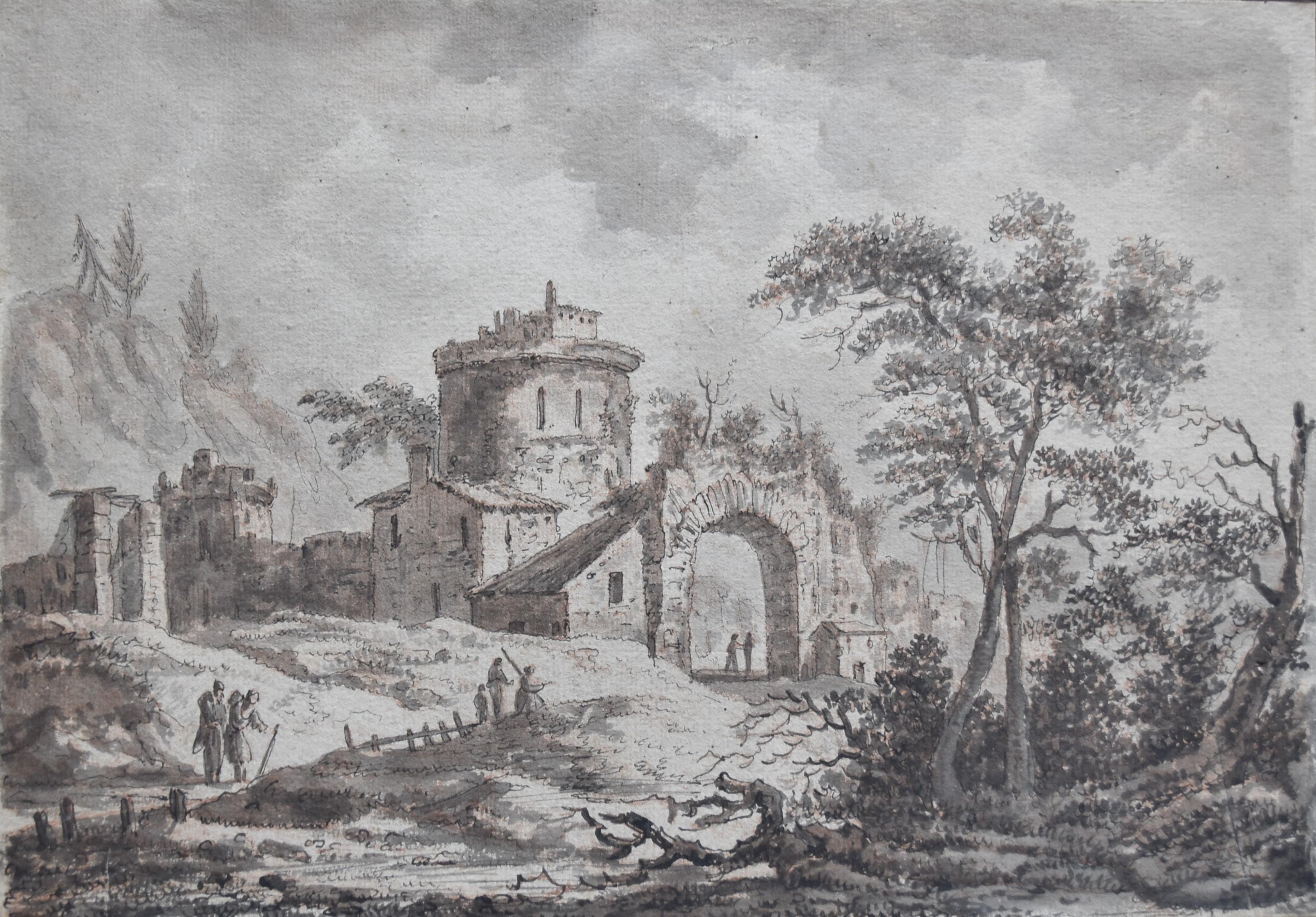 France, 18th Century, View of a fortified village, drawing