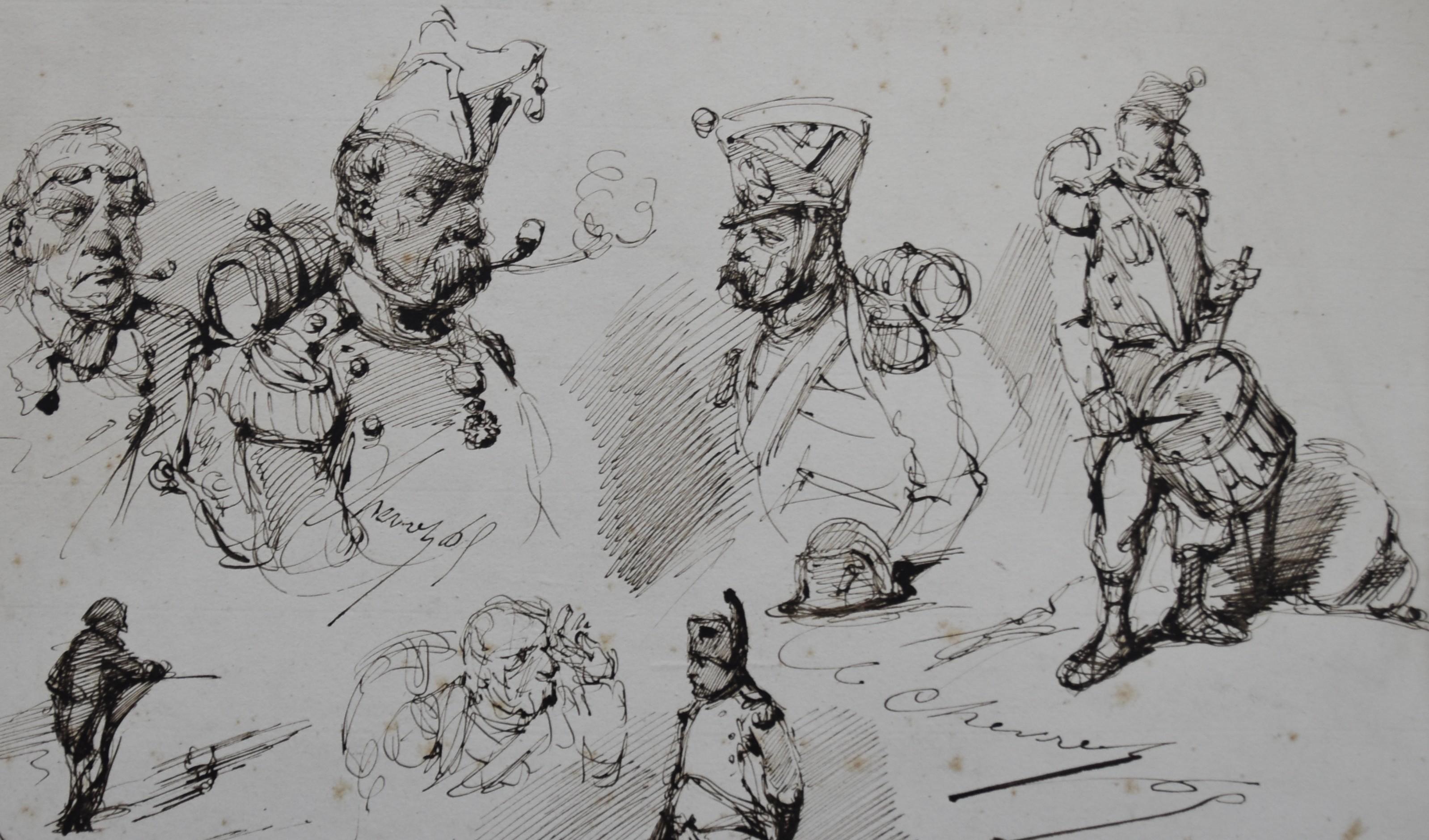 Edouard Chevret (1835-1874), Napoleon and his soldiers, Studies, 1860, drawing  For Sale 2
