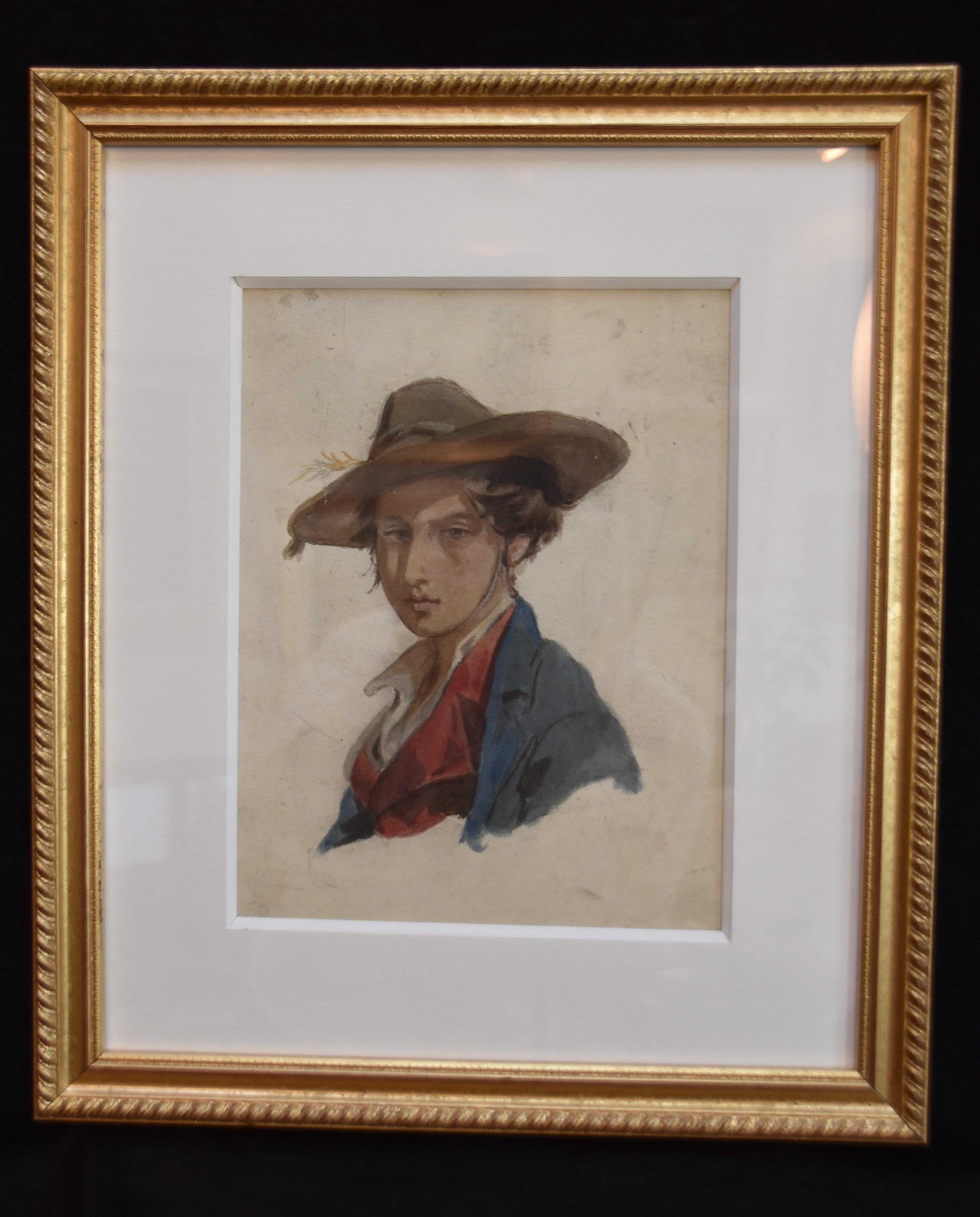 Porträt eines jungen Mannes, Aquarell, Isidore Pils zugeschrieben (1813-1875) – Art von Isidore Alexandre Augustin Pils