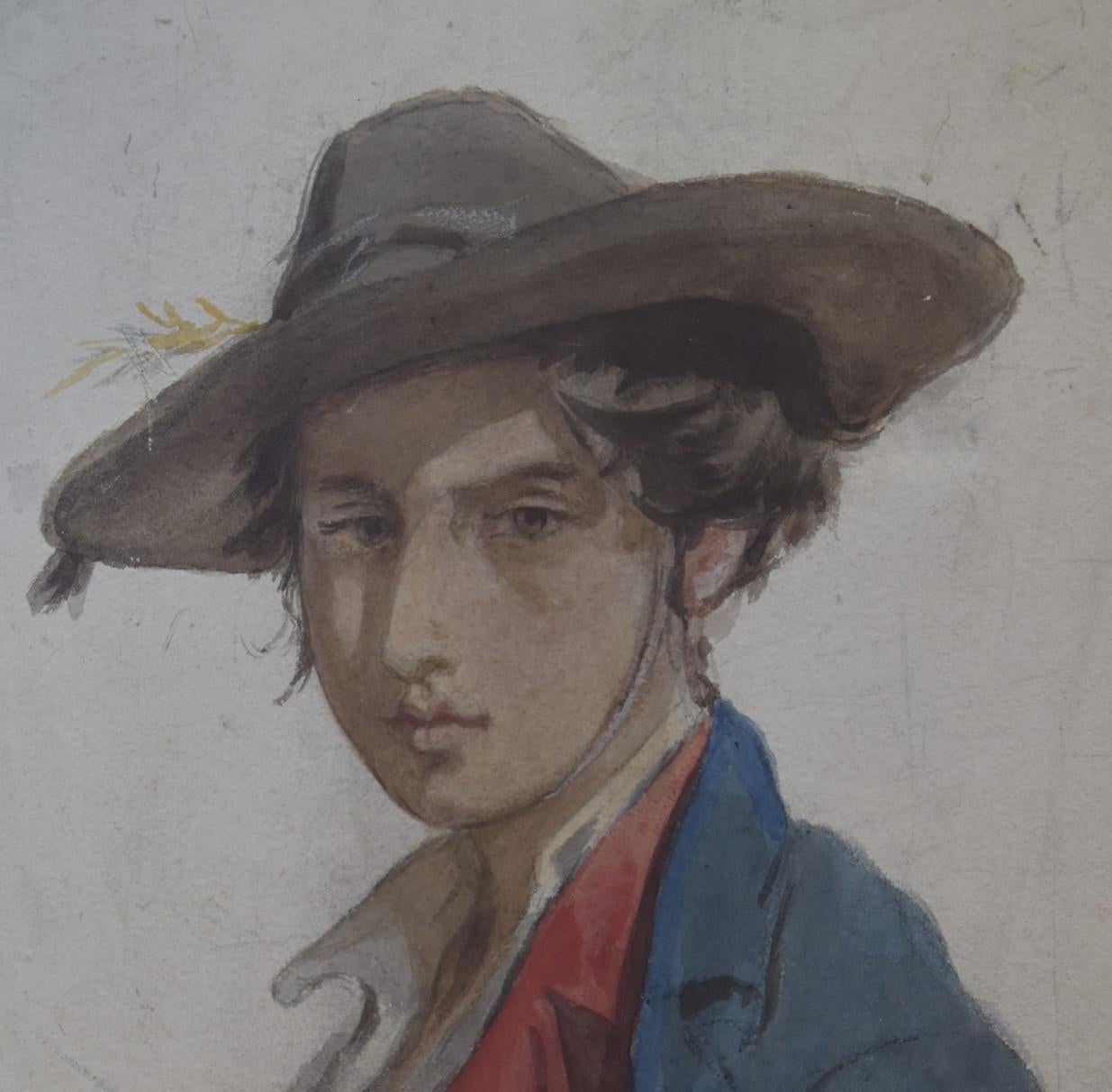 Porträt eines jungen Mannes, Aquarell, Isidore Pils zugeschrieben (1813-1875) (Grau), Figurative Art, von Isidore Alexandre Augustin Pils