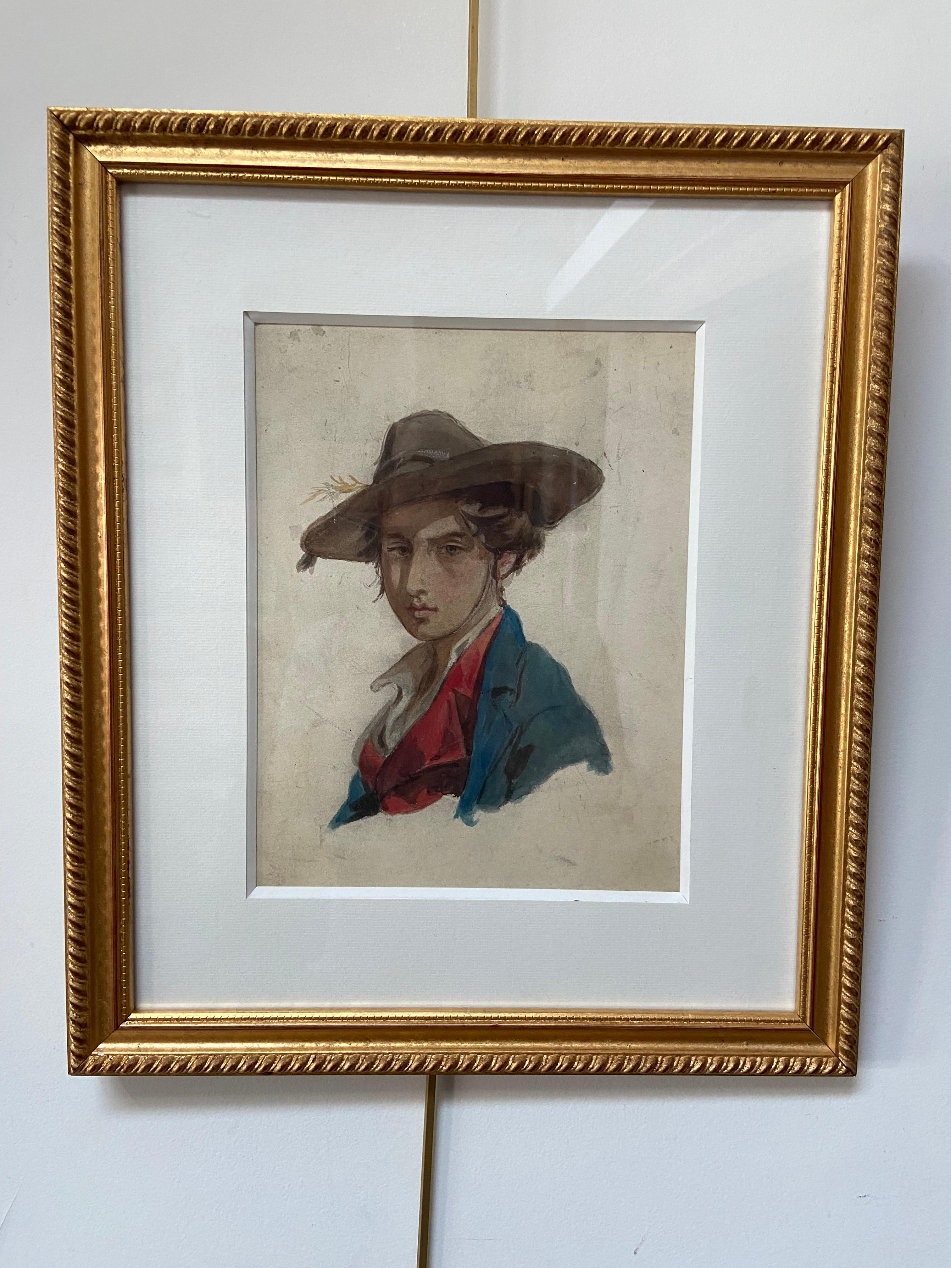 Zuschreibung an Isidore Pils (1813-1875)
Porträt eines jungen Mannes
Aquarell auf Papier, montiert auf Karton
26.5 x 21 cm
In einem modernen Rahmen: 42 x 36 cm
In recht gutem Zustand, etwas verstaubt, einige Kratzer: einer links am Hut (siehe Bild)