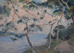 Paul Emile Lecomte (1877-1950) La Rance:: bord de mer avec pins:: aquarelle