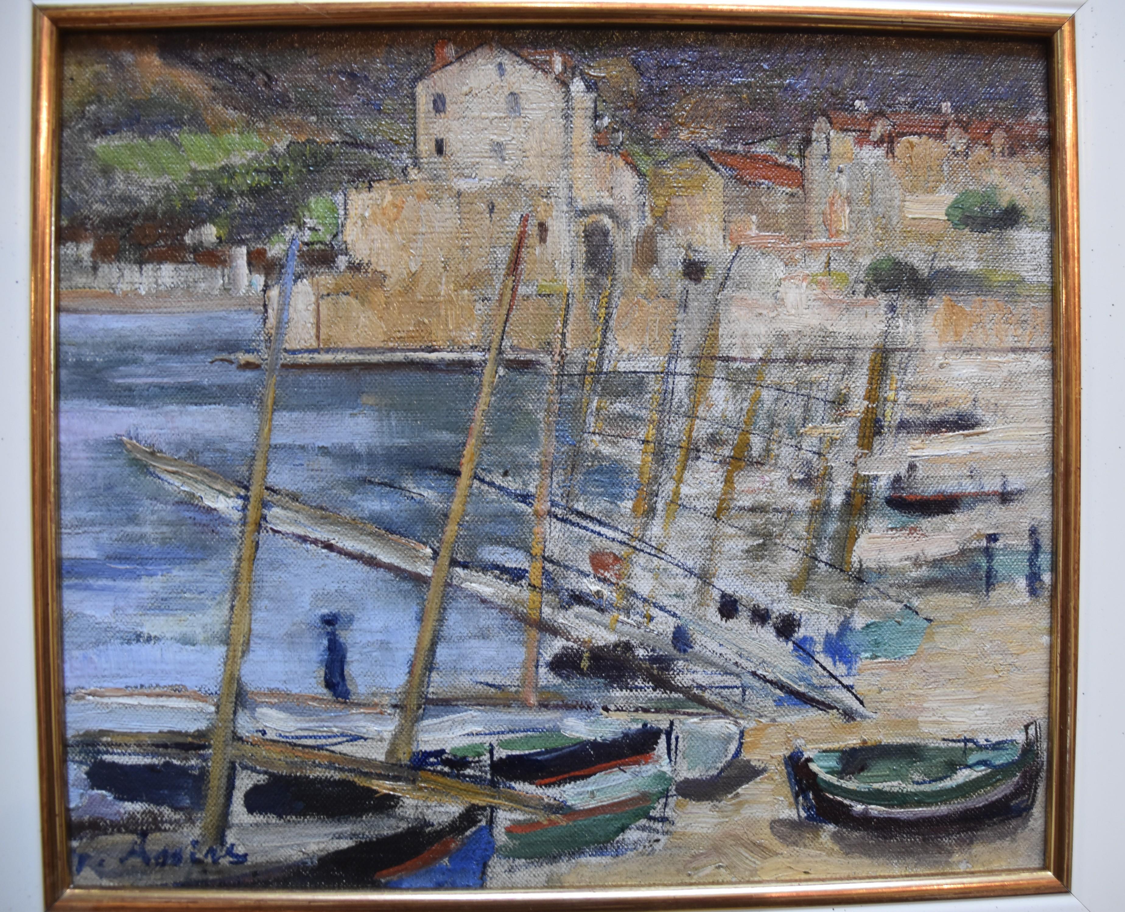 Gustave Assire (1870-1941) Boats in the Port of Colllioure, oil on panel 2