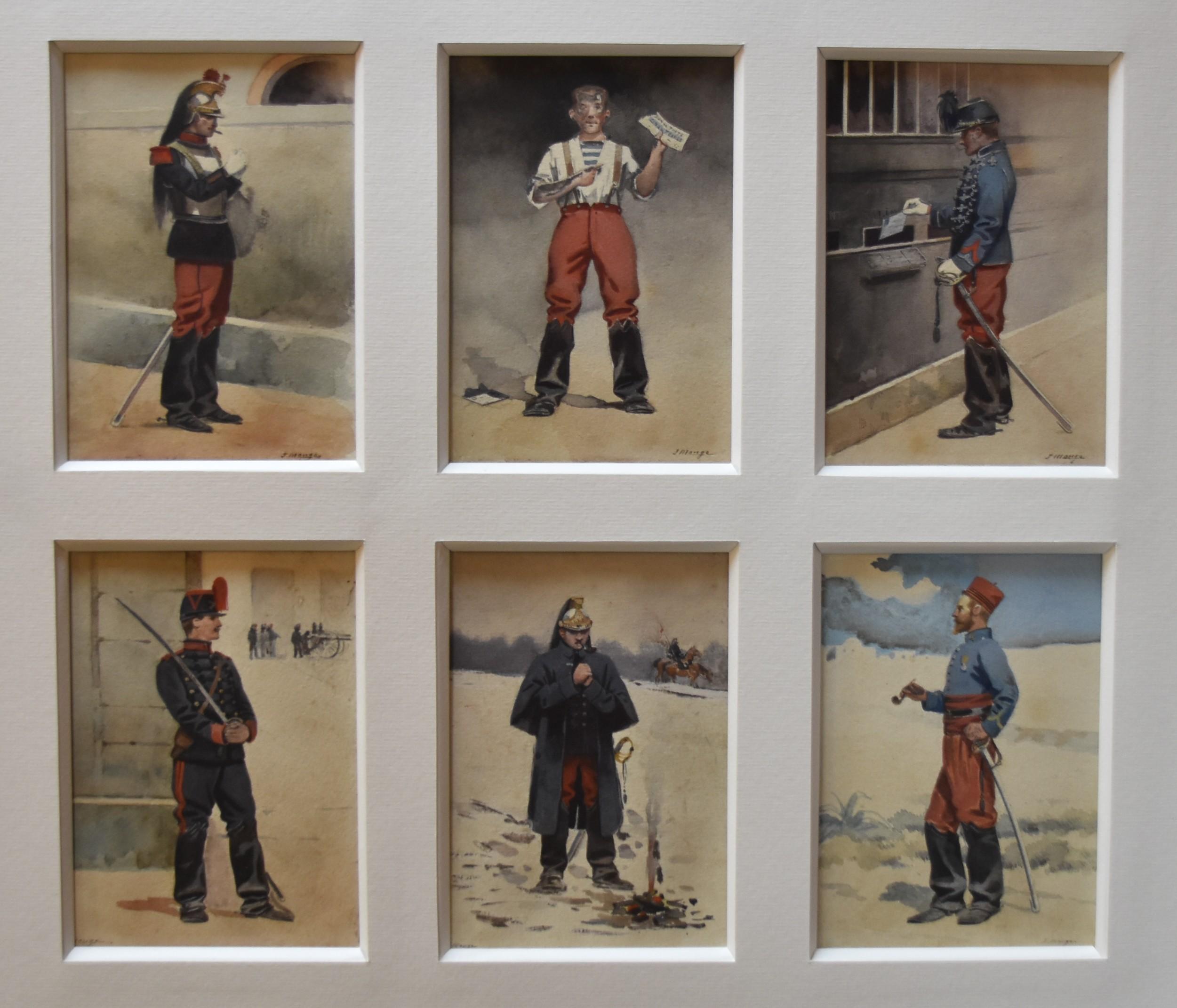 Jules Monge (1855-1934)
Französische Soldaten, sechs verschiedene Aquarelle in einem Passepartout
Jedes Exemplar signiert (4 unten rechts, 2 unten links)
Jedes Stück 9,5 x 14 cm
Gesamtgröße mit Passepartout: 43 x 48 cm
Es ist eine moderne Halterung