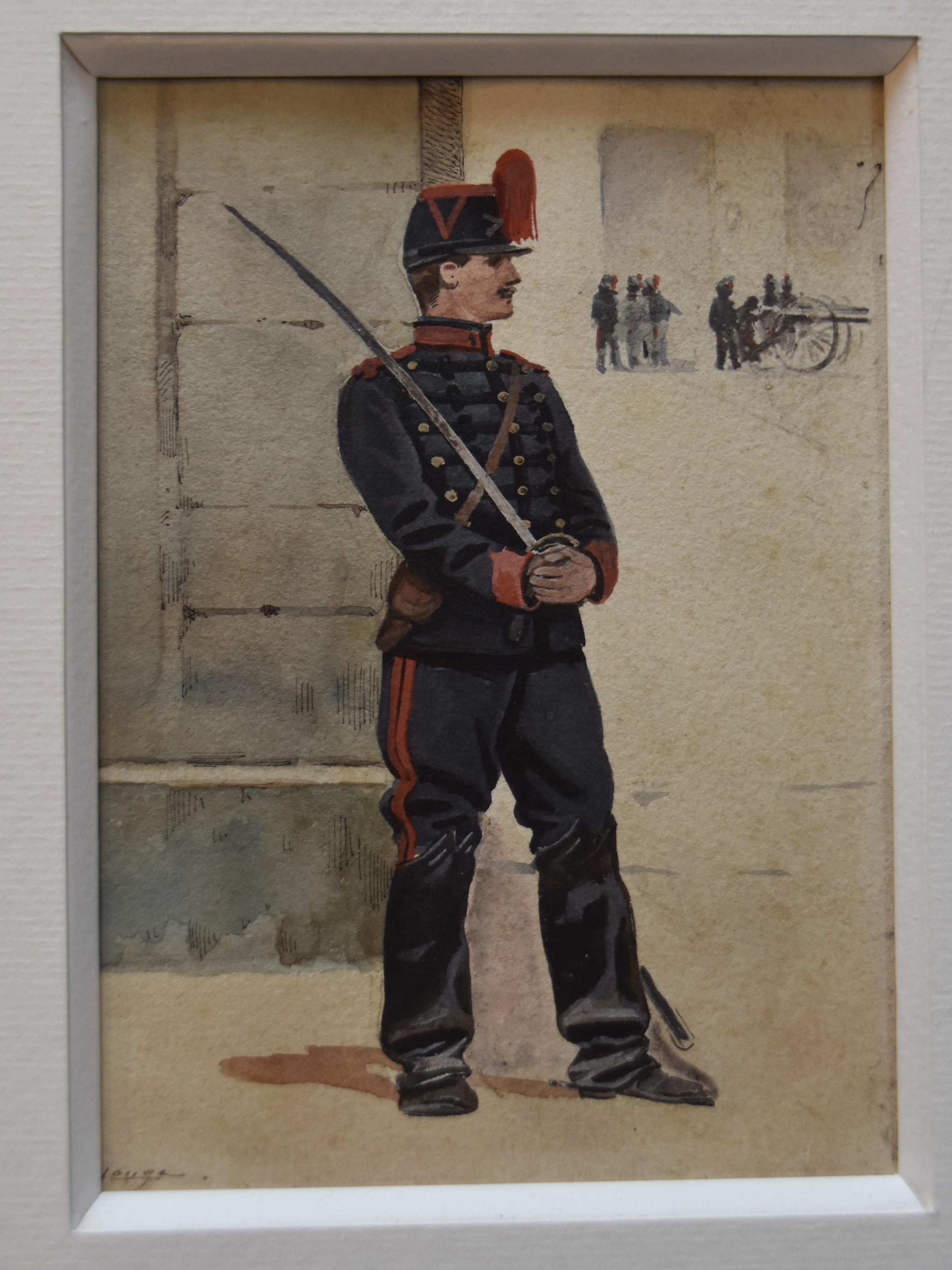 Jules Monge (1855-1934)
French soldiers, six different watercolors in a same mount
Each one signed (4 on lower right, 2 on lower left)
Each one 9.5 x 14 cm
Total size with the mount : 43 x 48 cm
It's a modern mount without frame
In good condition,