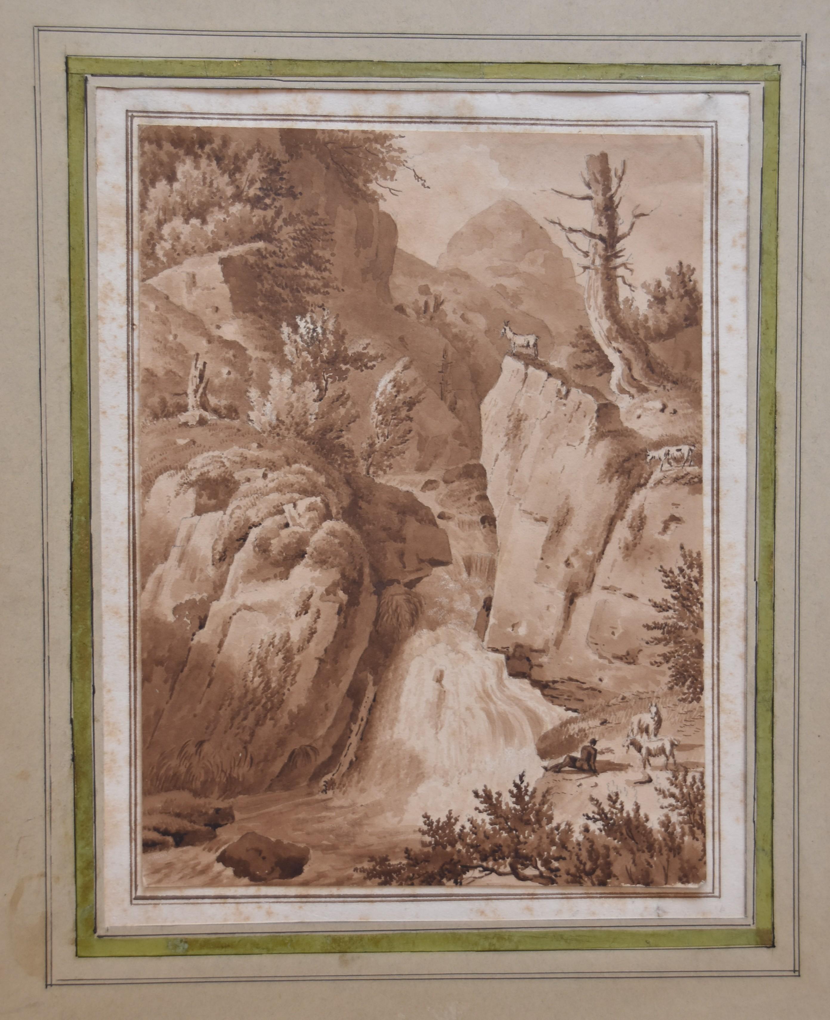 France early 19th Century, A waterfall landscape , original drawing - Art by Unknown