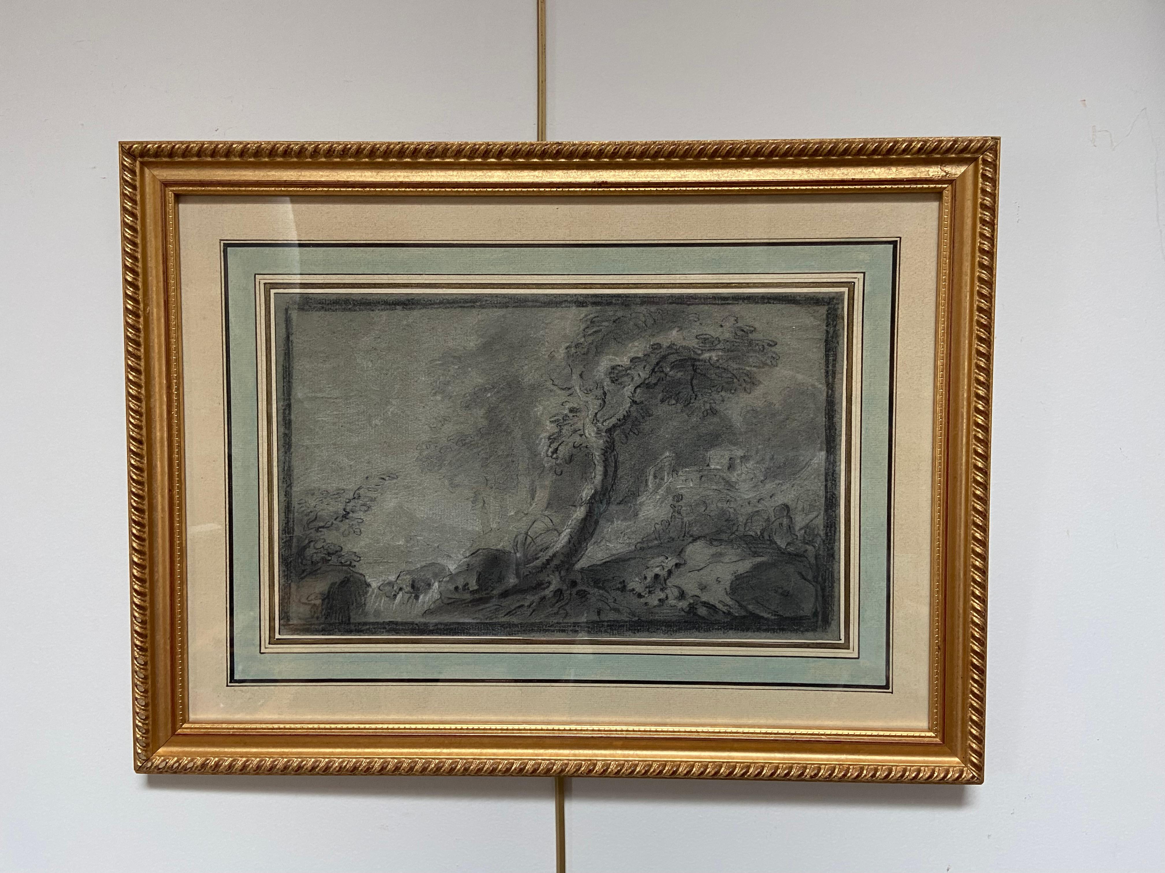 Francia, siglo XVIII, 
Pastorale (Paisaje arcádico)
Tiza negra y realces de aguada blanca sobre papel gris azulado
19 x 31 cm
Enmarcado : 34,5 x 46,5 cm

La atmósfera y el tema hacen pensar que este dibujo fue concebido en el círculo íntimo de