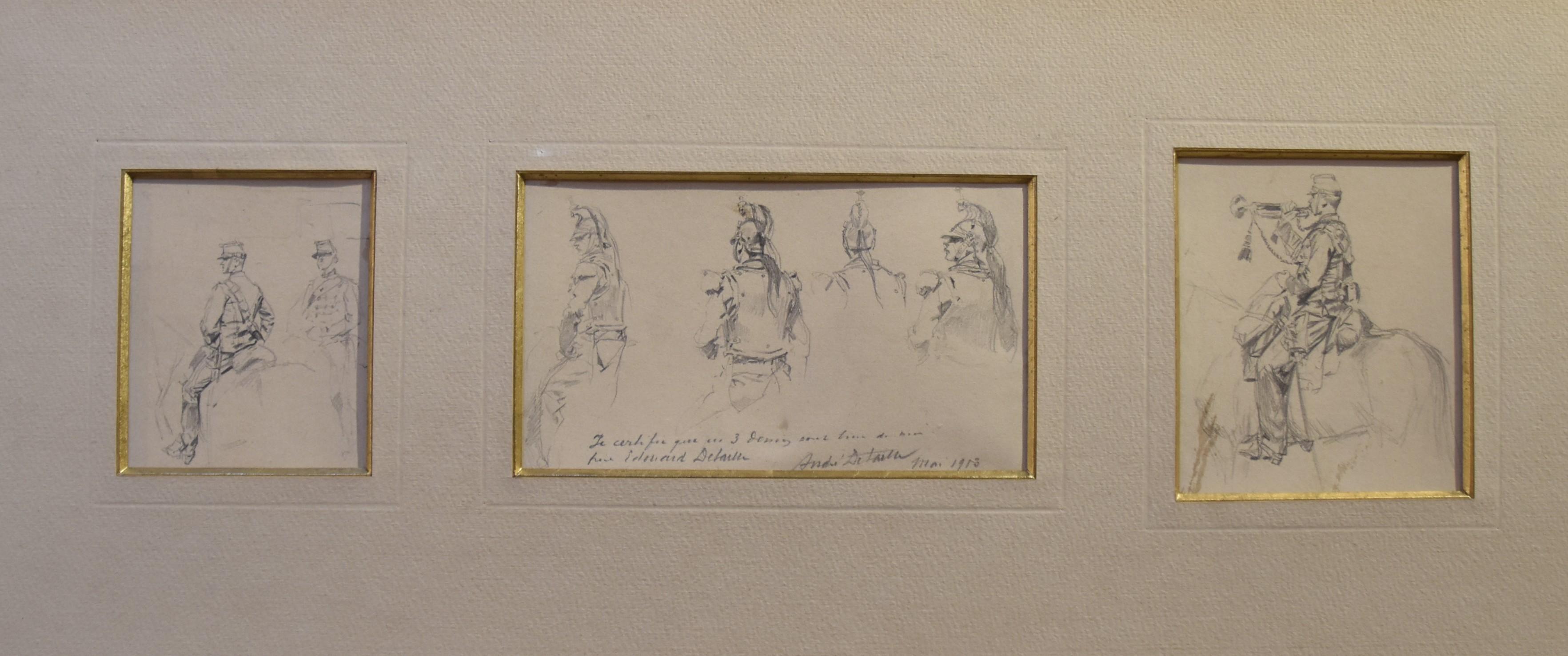 Edouard Detaille (1848-1912)
Three studies of different type of horse soldiers in the same mount
8 x 6.7 cm
8 x 14 cm
9.5 x 8 cm
Pencil on paper
The biggest one is inscribed by the hand of the artist's son 