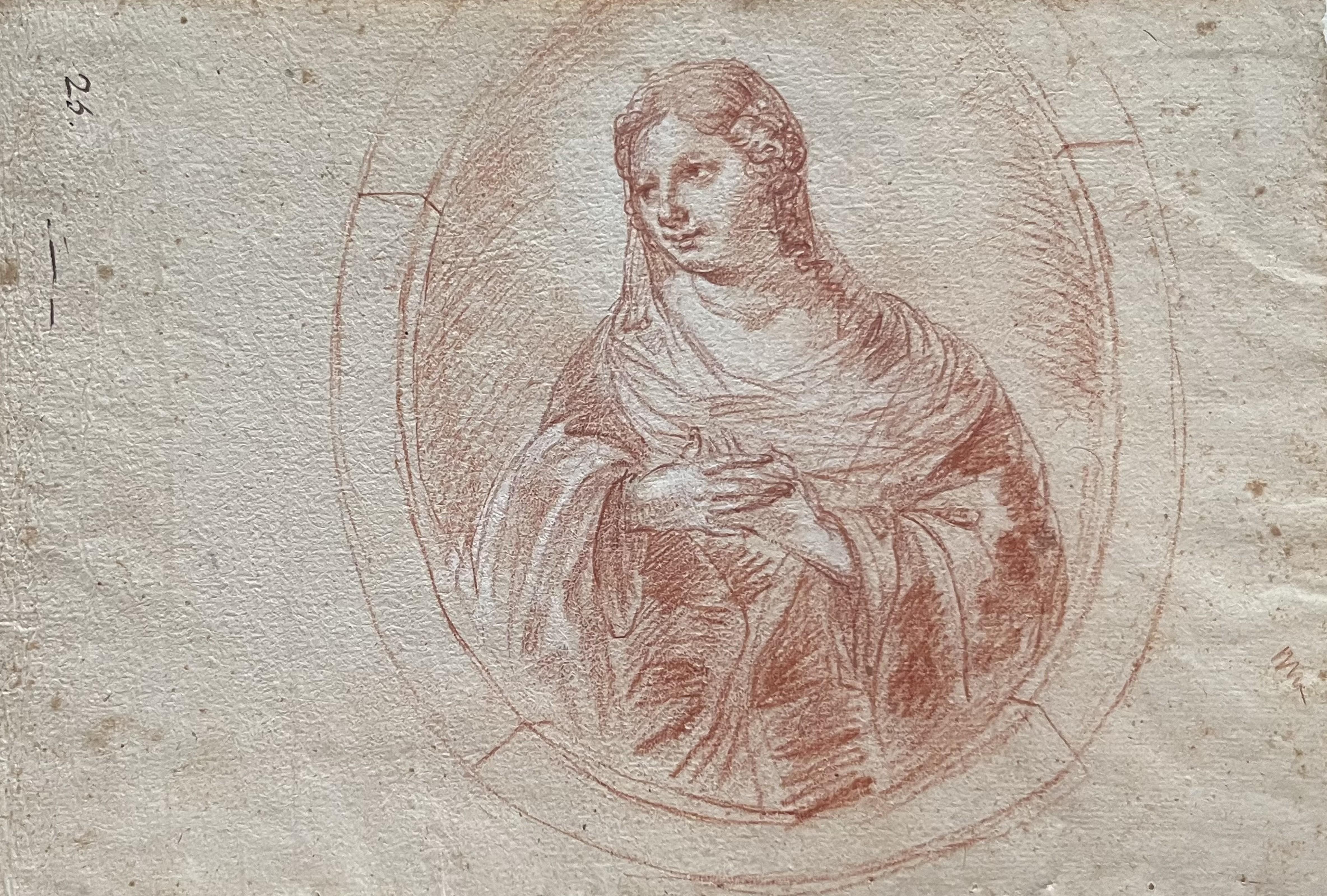 Portrait d
une femme dans un Tondo du 18ème siècle, dessin à la craie rouge