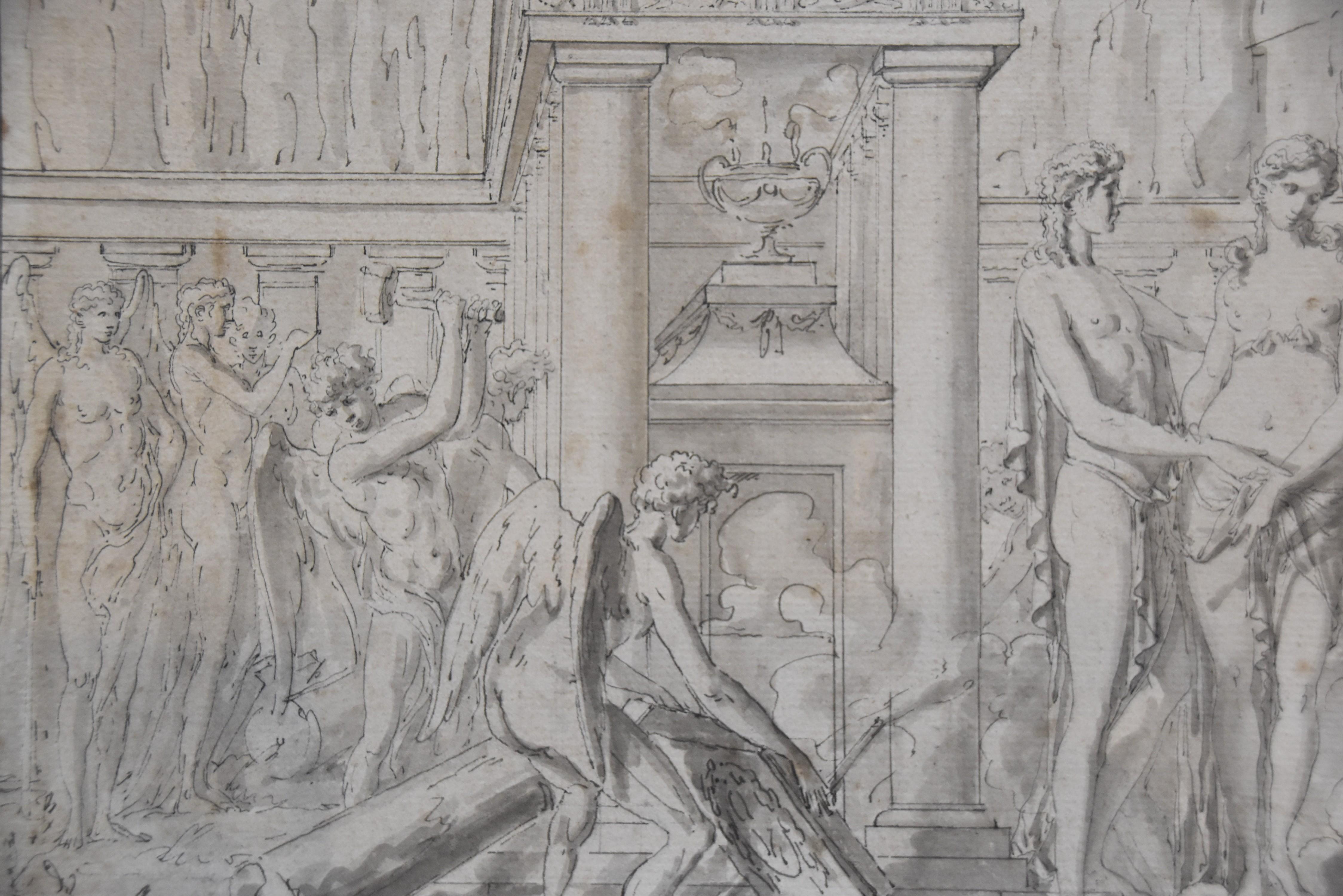 Louis-Félix de La Rue (1730-1777) 
Eine biblische oder mythologische Episode
Signiert und datiert unten rechts (unter dem Passepartout, siehe Fotos der Zeichnung außerhalb des Rahmens)
Schwarze Tinte und schwarze Tinte laviert auf Papier 21 x 31