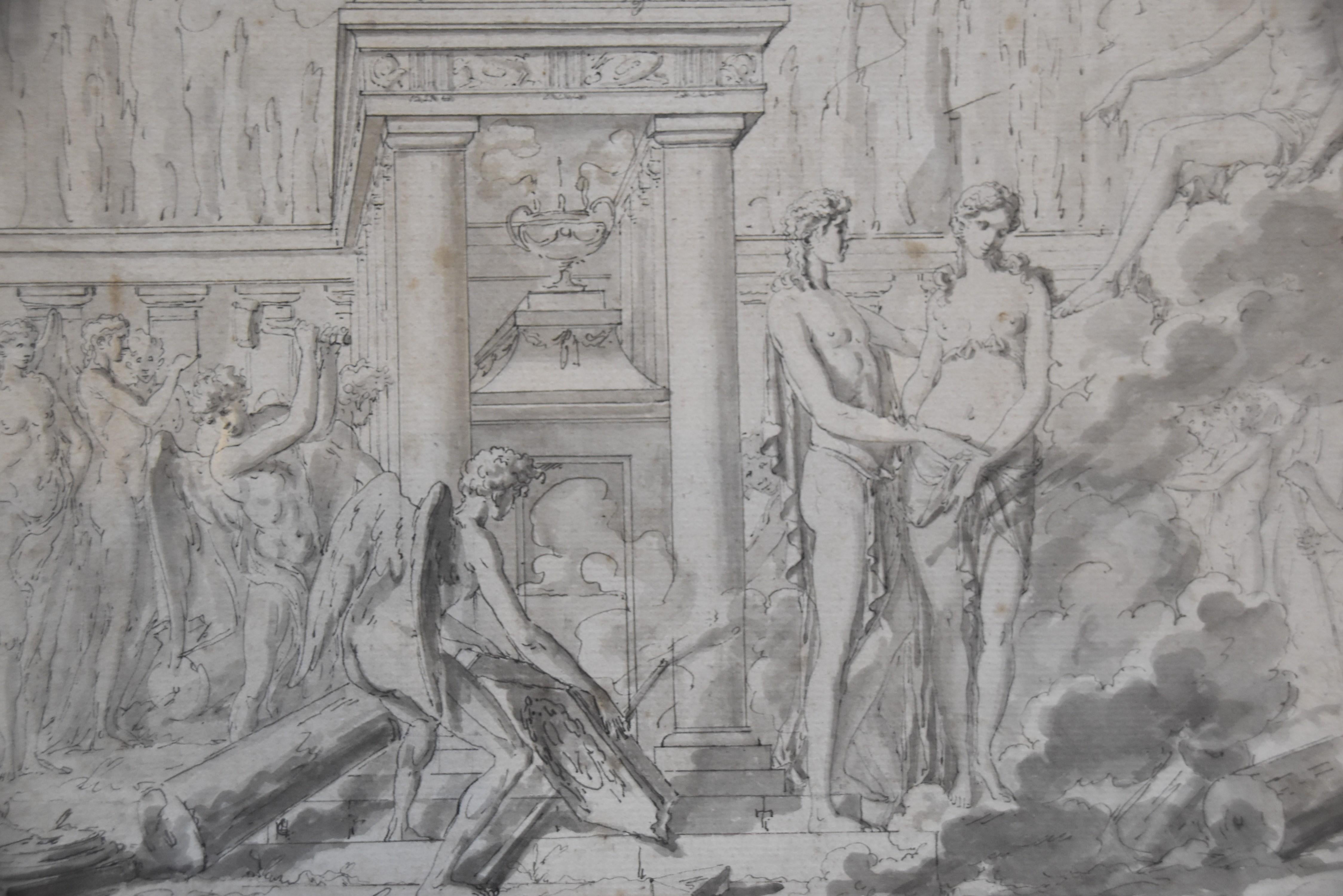 Louis-Félix de La Rue (1730-1777) A Mythological scene, drawing - Brown Figurative Art by Louis-Félix Delarue