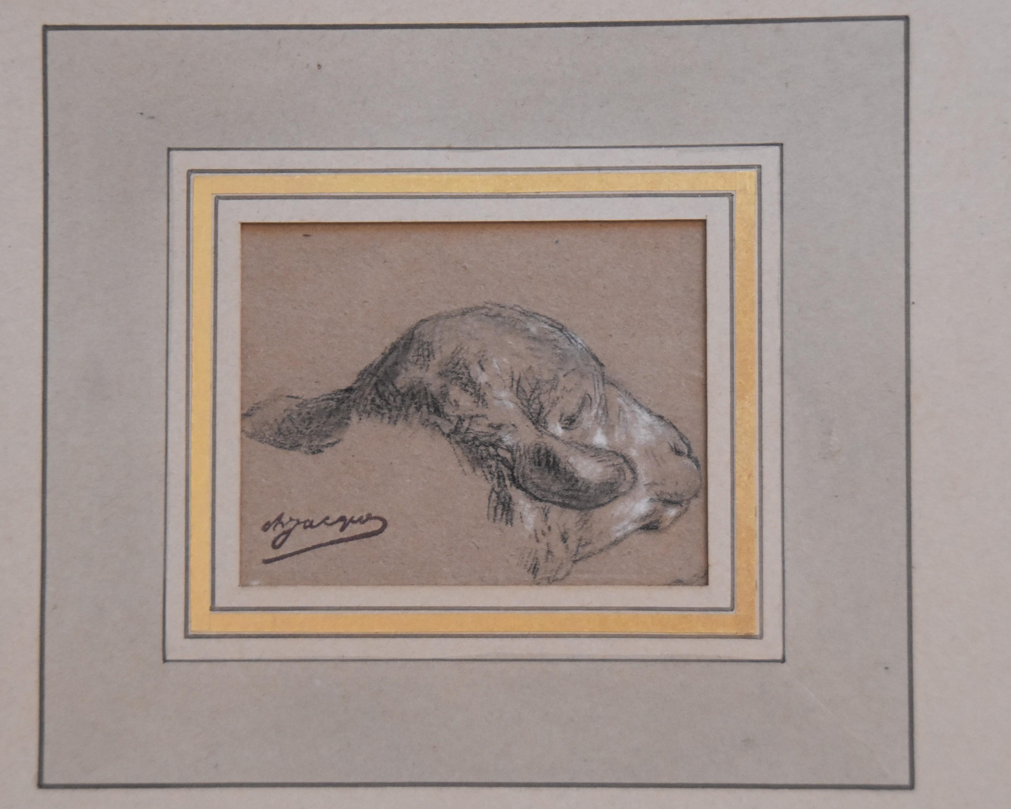 Charles-Emile Jacque (1813-1894) 
Three studies of Sheep's heads
Carbon pencil and heightenings of white gouache on paper 
Stamp of the artist's estate on each one lower right
5.6 x 6.8 cm
5.8 x 3.9 cm 
5.8 x 3.9 cm
In the same original mount, the