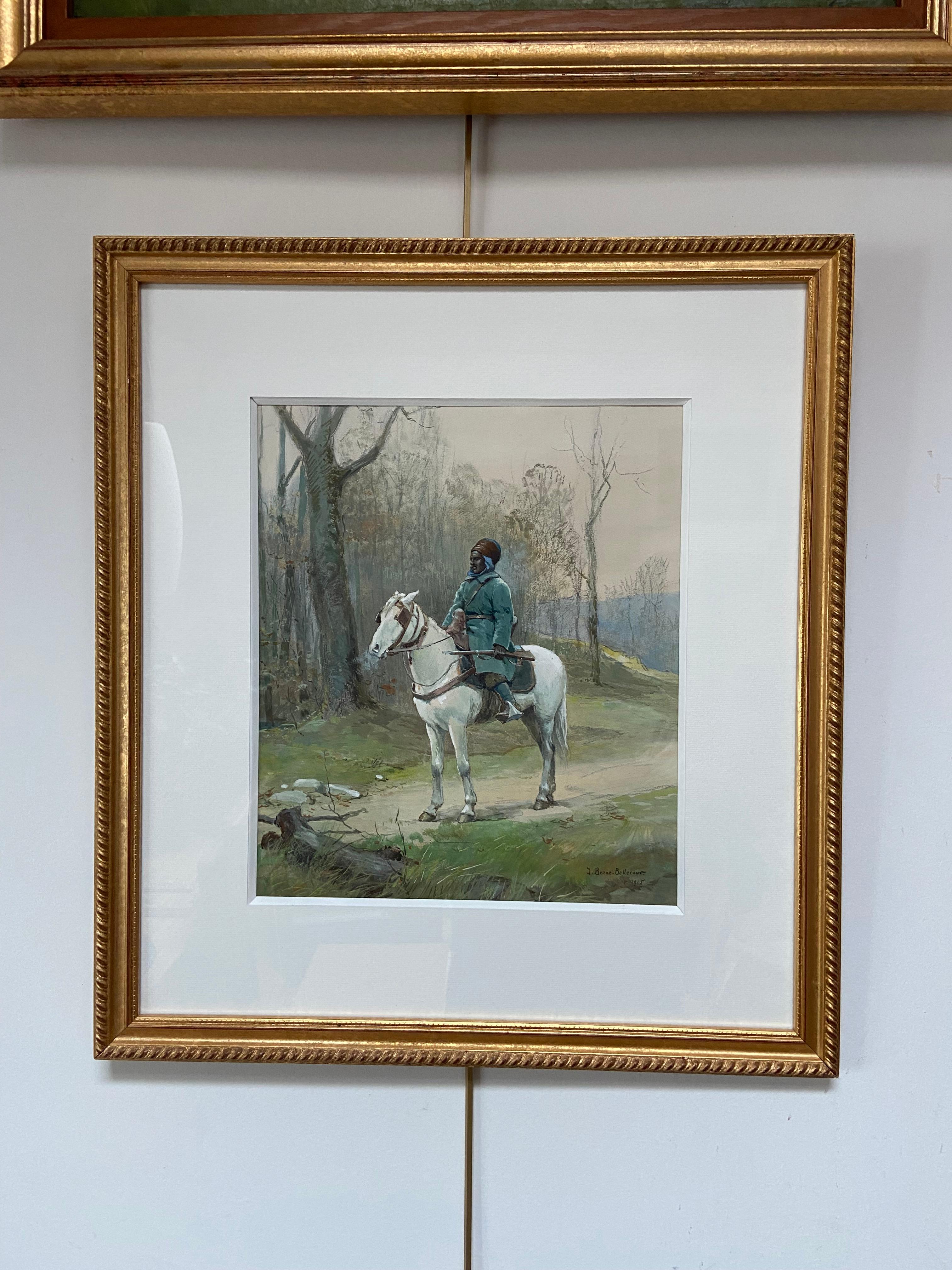 J.Jacques Berne-Bellecour (1874-1939), North African Horseman, 1915, watercolor - Gray Figurative Art by Jean-Jacques Berne-Bellecour