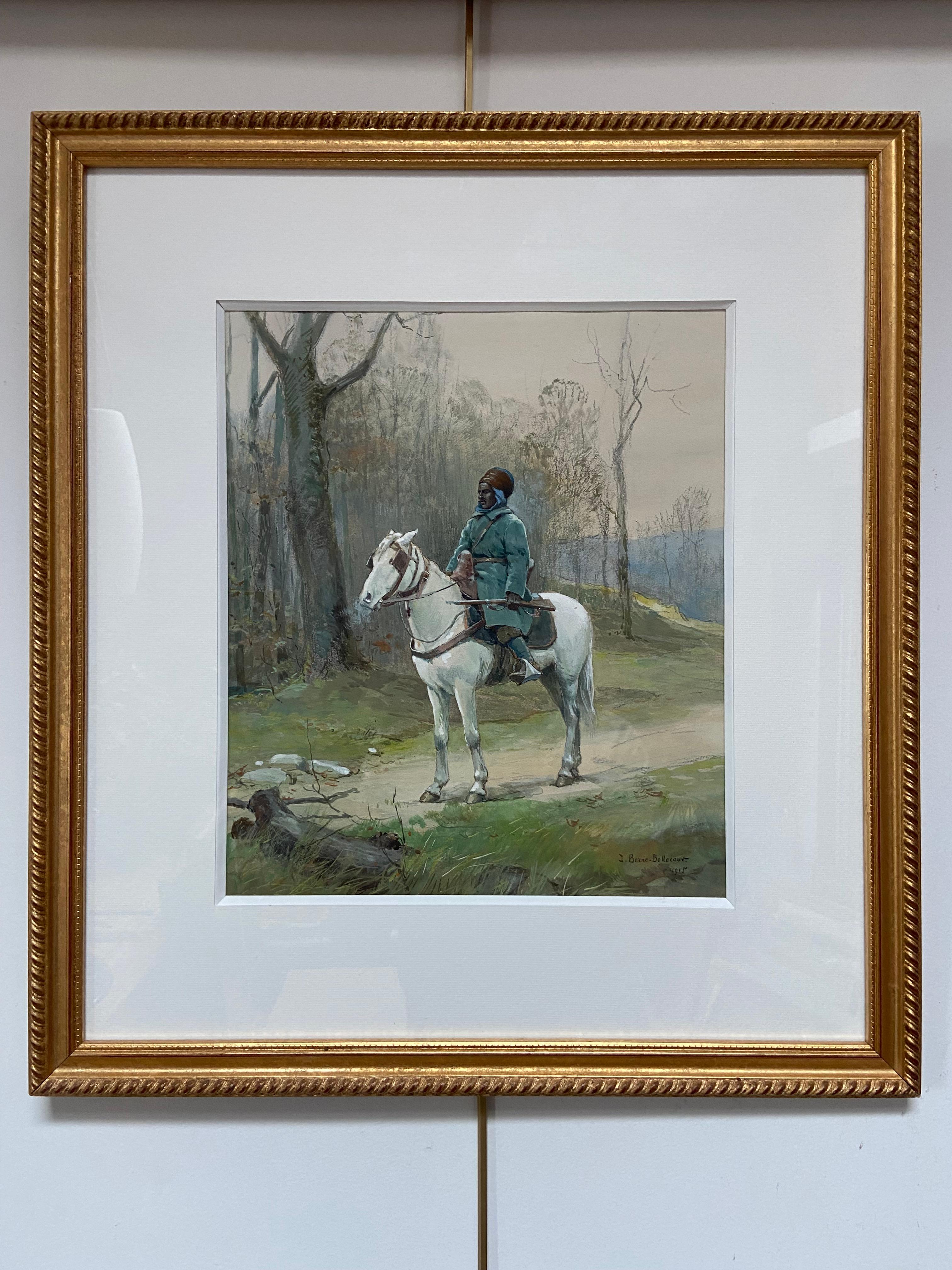Jean-Jacques Berne-Bellecour (1874-1939)
A North African Horseman in the forest,
Watercolor on paper
signed and dated 1915 lower right, 32  x 27.5 cm 
In a modern frame : 53 x 48 cm

I was immediately intrigued and seduced by this watercolor, for