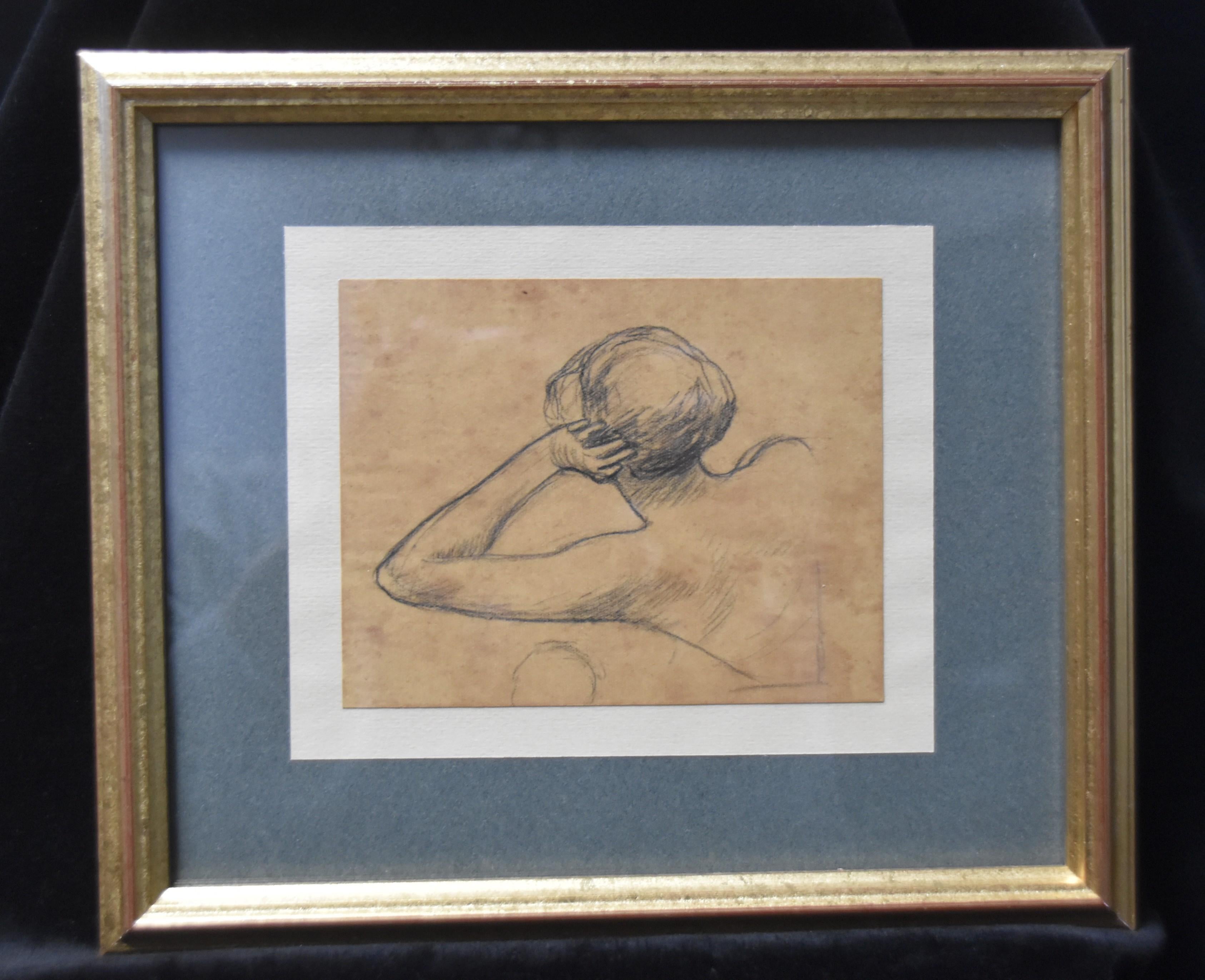 Georges Antoine Rochegrosse  (1859-1938) 
A woman resting on her arm seen from behind, study
pencil on thin paper
10.5 x 13 cm
stains and foxings as visible on the pictures
Framed : 22 x 25.5 cm
Provenance: Estate of the artist and by Inheritance to