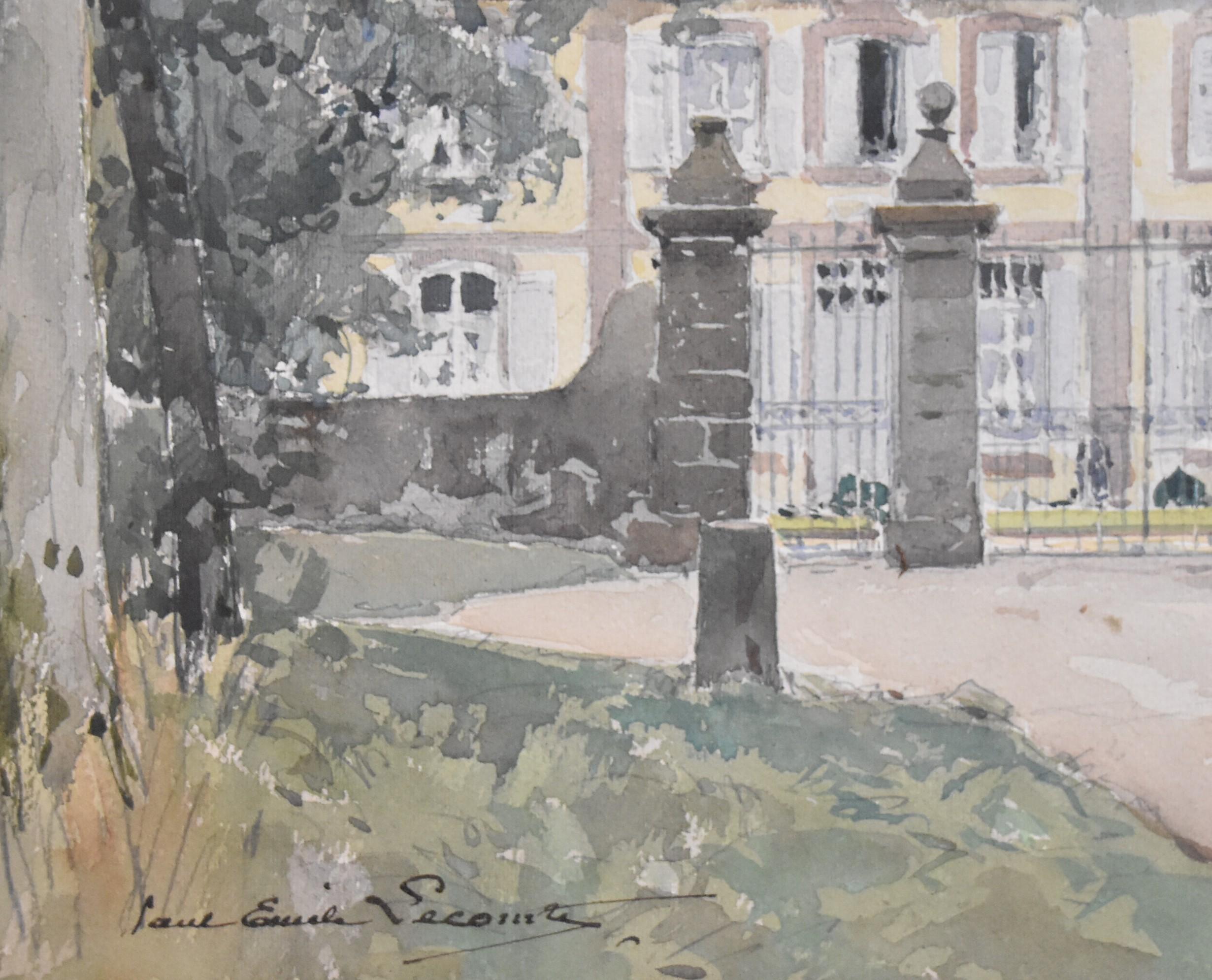 Paul Emile Lecomte (1877-1950)
La Cour d'honneur (a View of a castle)
Signed lower left
Watercolor on paper
Titled on the reverse of the watercolor 'La cour d'honneur