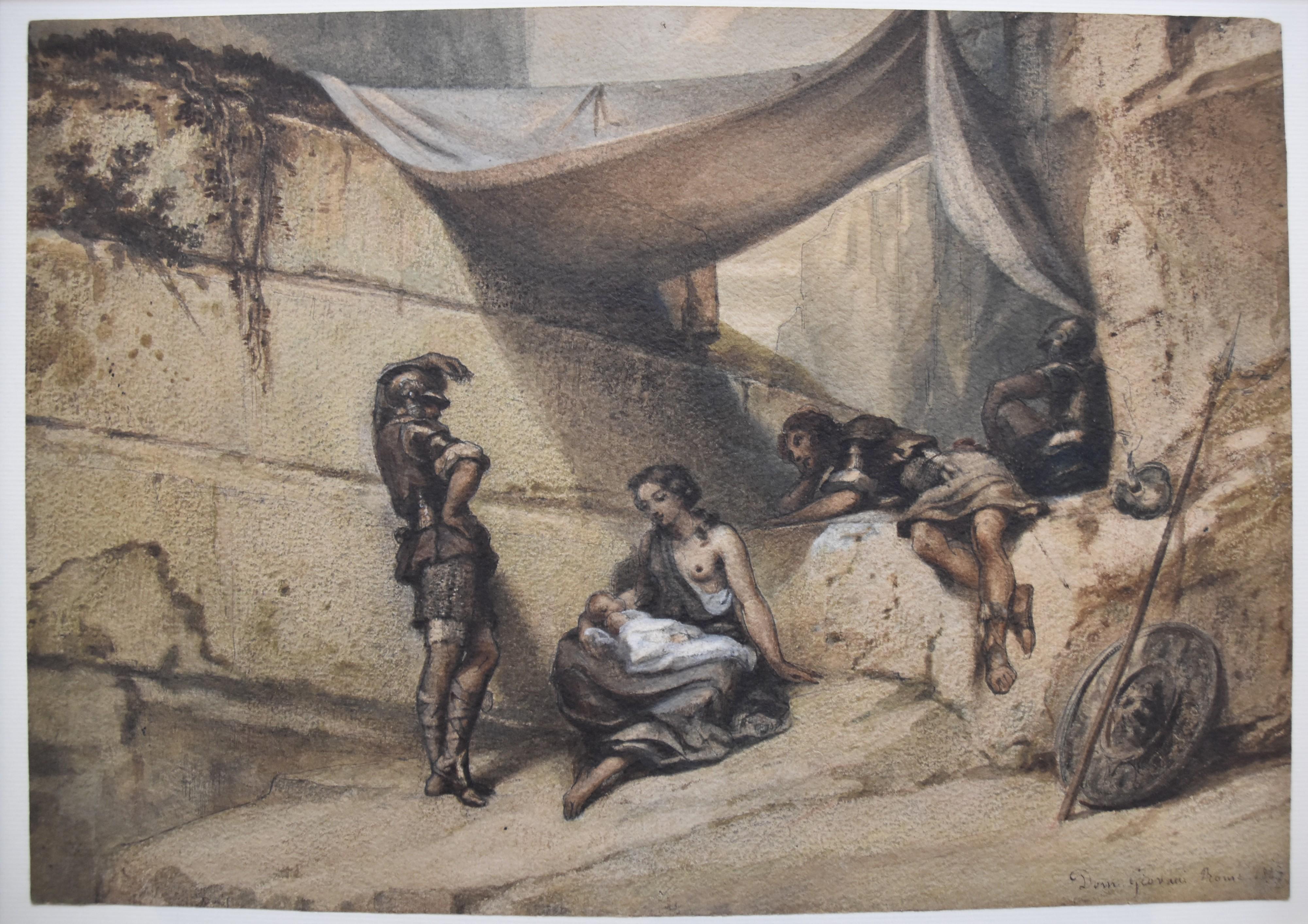 Scuola romantica, Donna e bambino con guardie, acquerello firmato datato 1847 in vendita 1