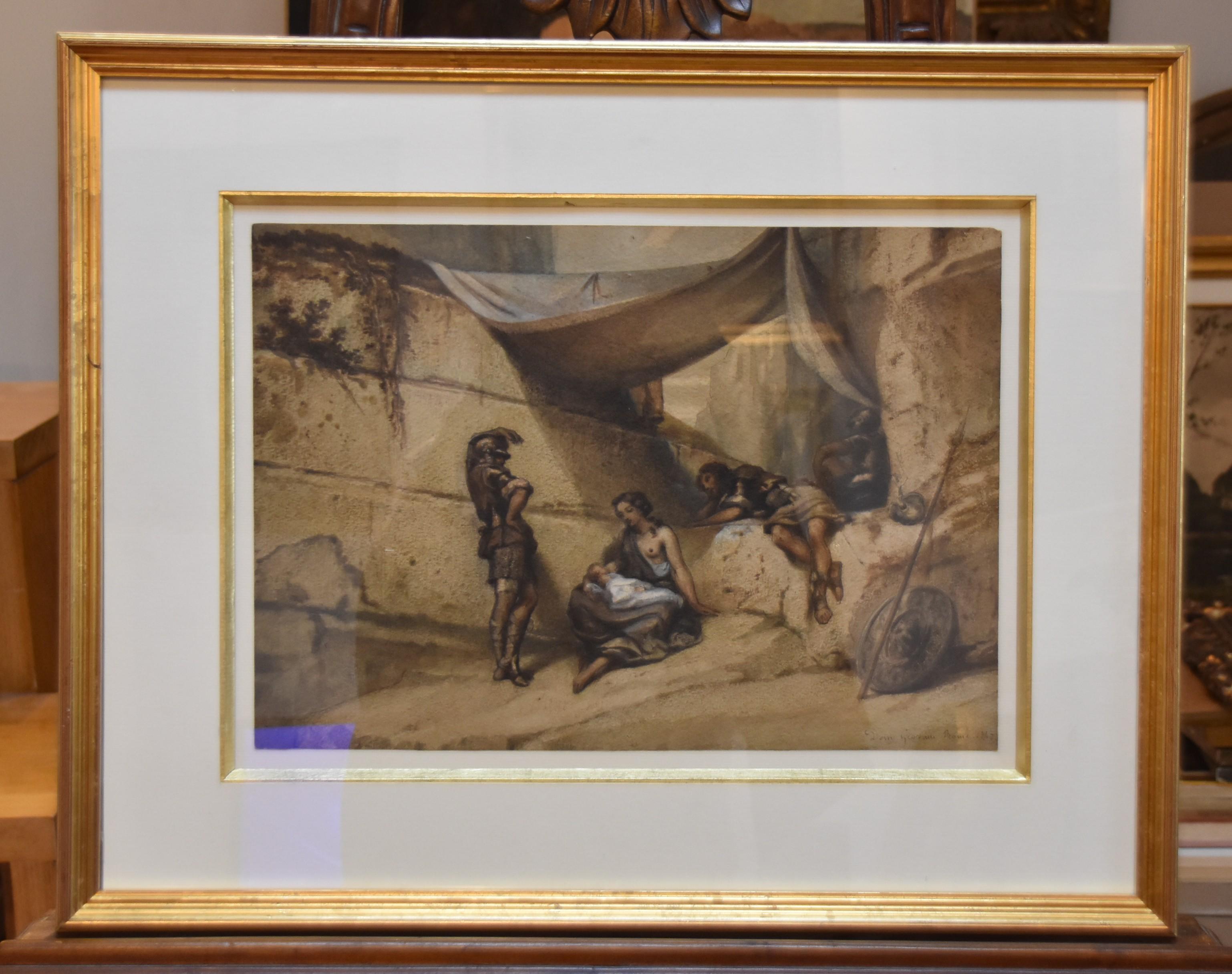 Romantic school, Woman and Infant with guards, watercolor signed dated 1847 - Art by Unknown
