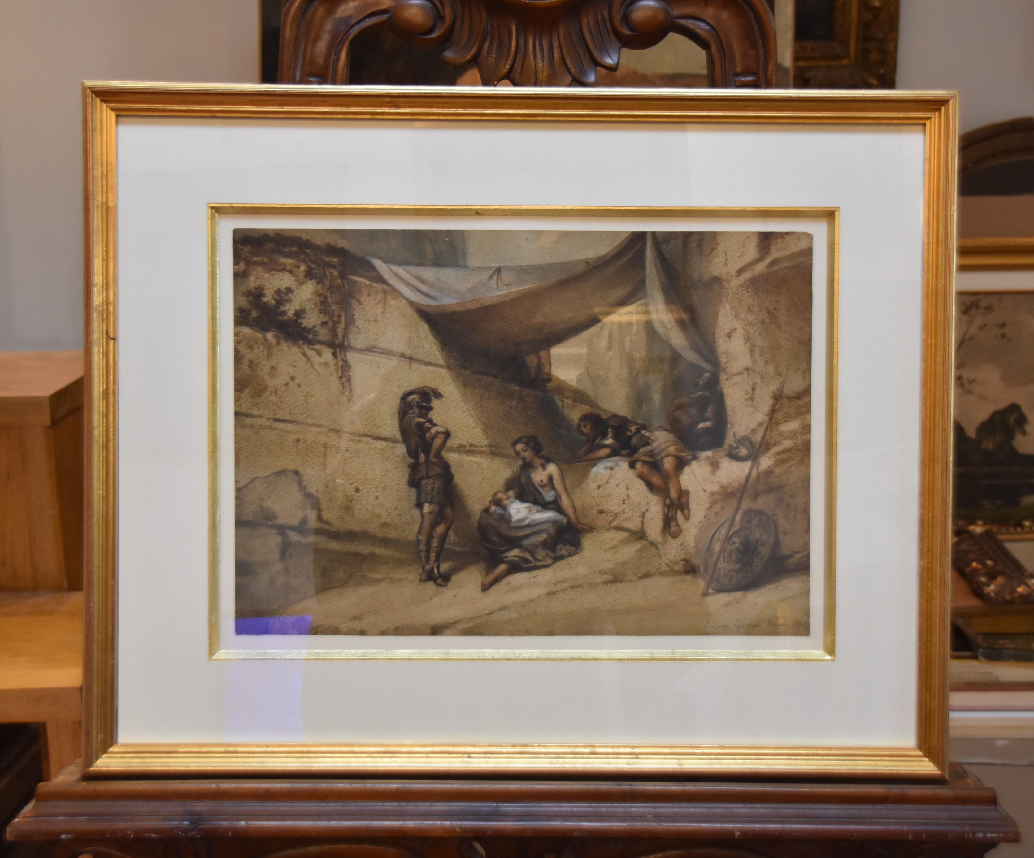 Scuola romantica, Donna e bambino con guardie, acquerello firmato datato 1847 in vendita 2