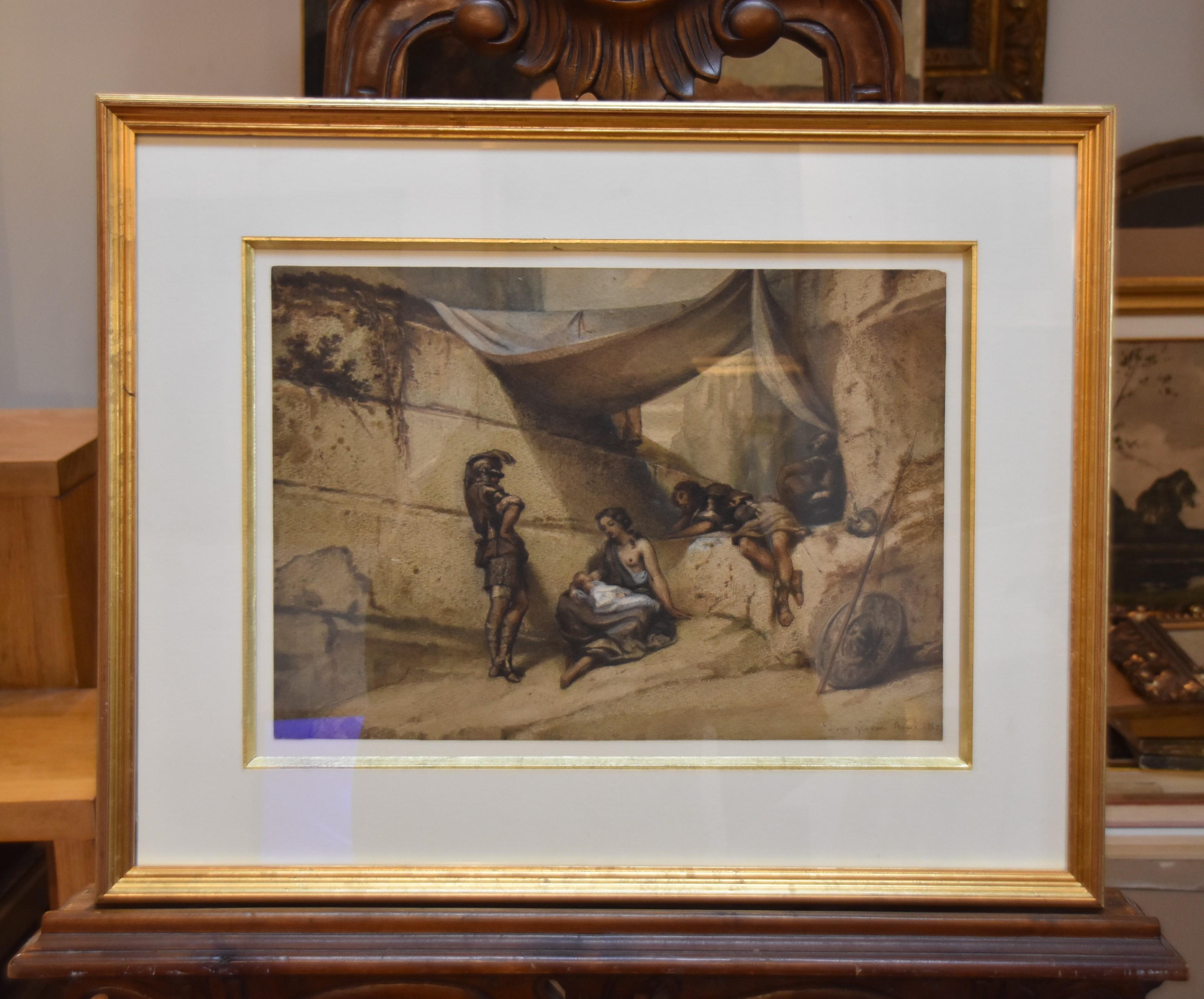 Romantic school, Woman and Infant with guards, watercolor signed dated 1847 For Sale 3