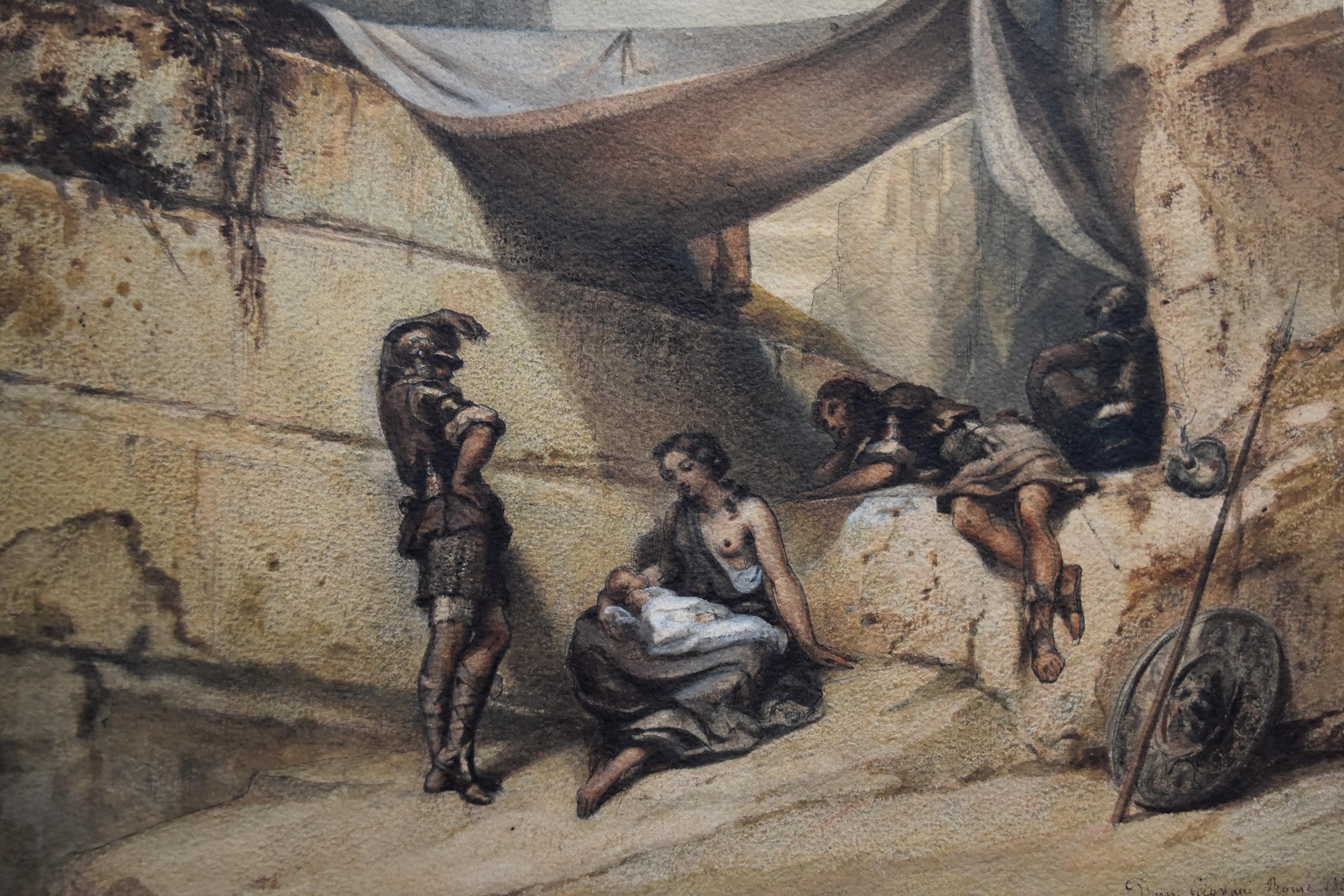 Scuola romantica, Donna e bambino con guardie, acquerello firmato datato 1847