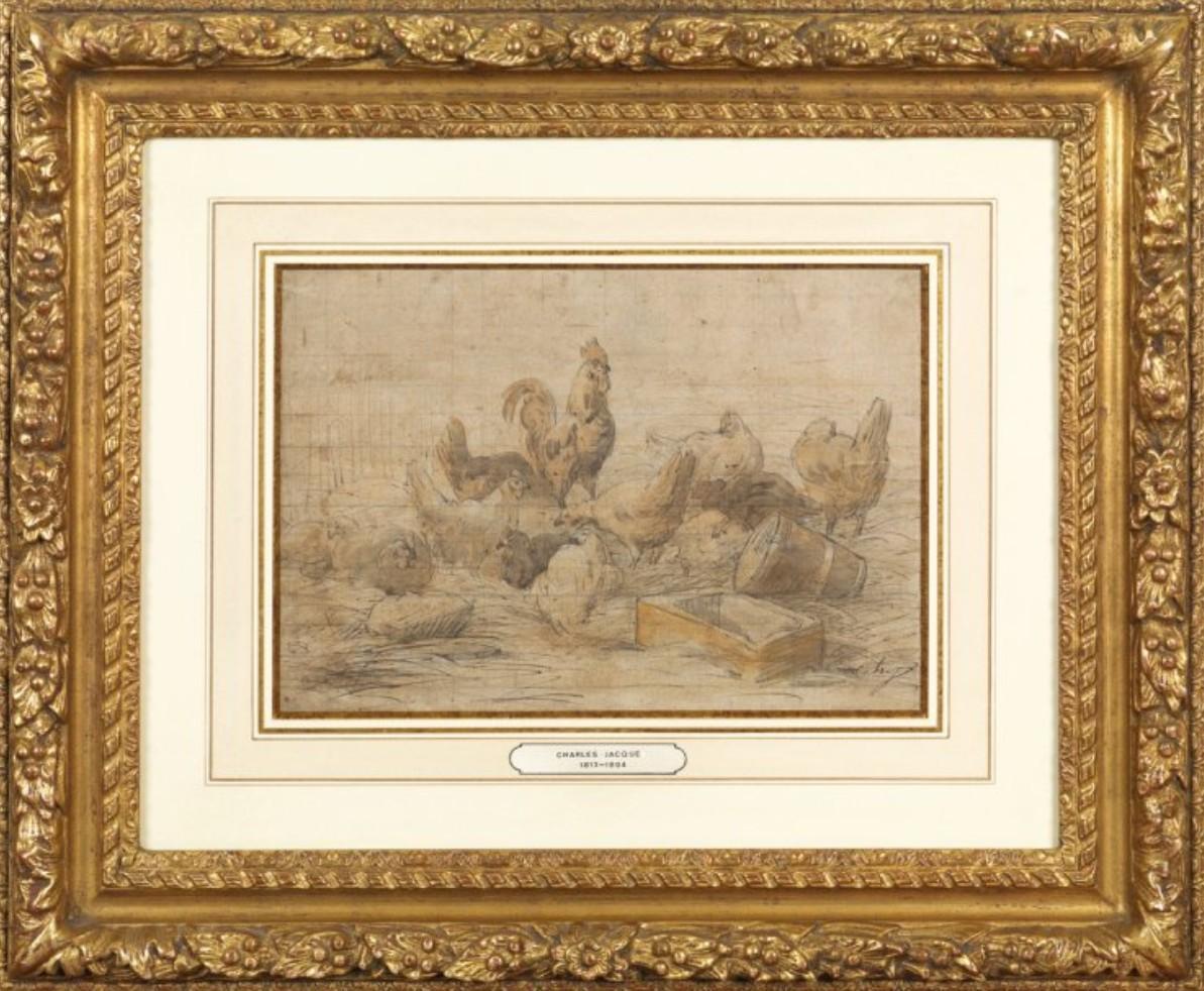 Charles Jacque Animal Art - Charles Emile JACQUE (Paris 1813 - 1894) Hens and rooster, preparatory drawing