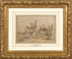 Antique Charles Emile JACQUE (Paris 1813 - 1894) Hens and rooster, preparatory drawing