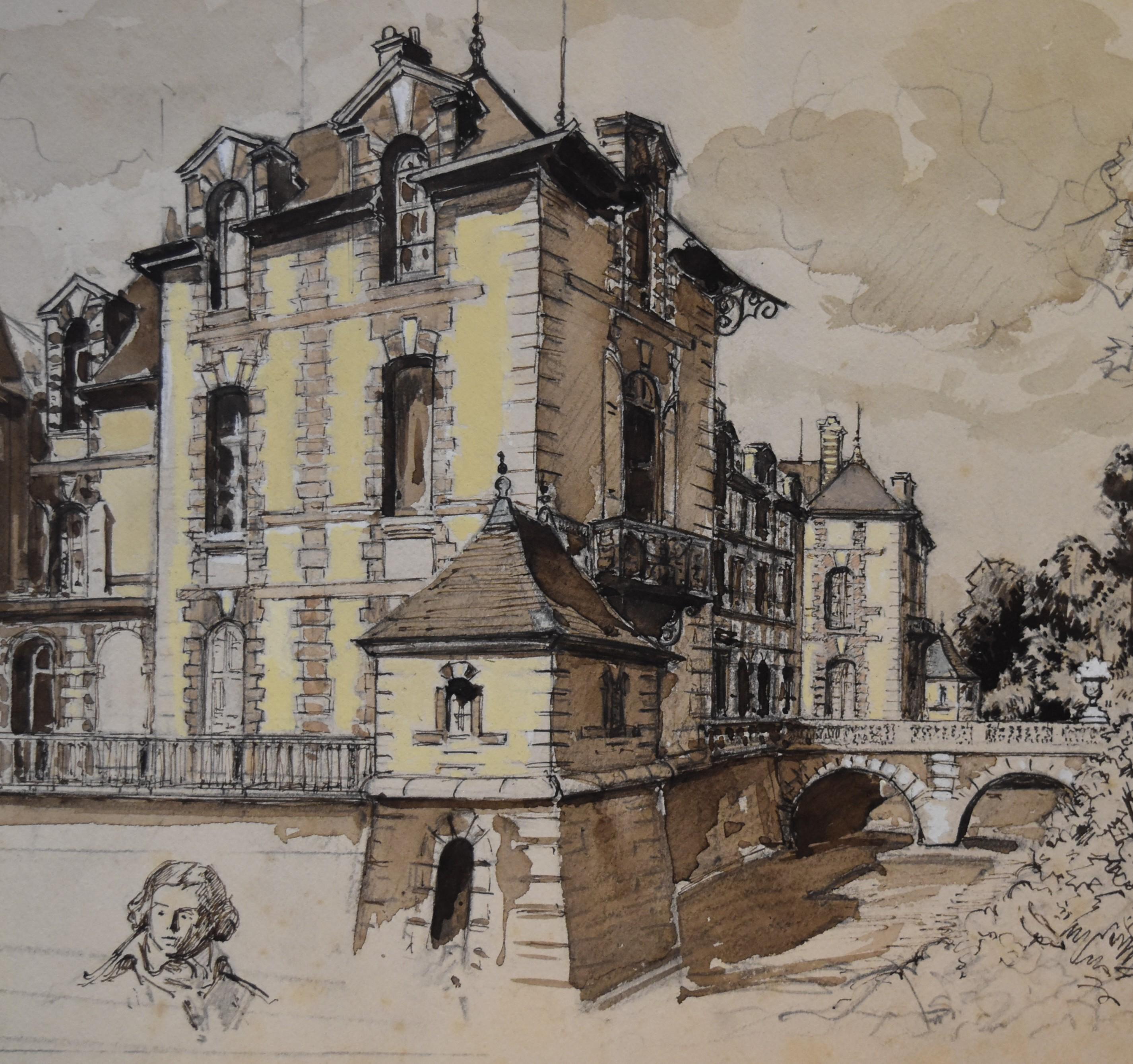 Frankreich, Anfang des 20. Jahrhunderts, Ansicht der Burg von Grosbois und Kopfstudie, Aquarell im Angebot 1