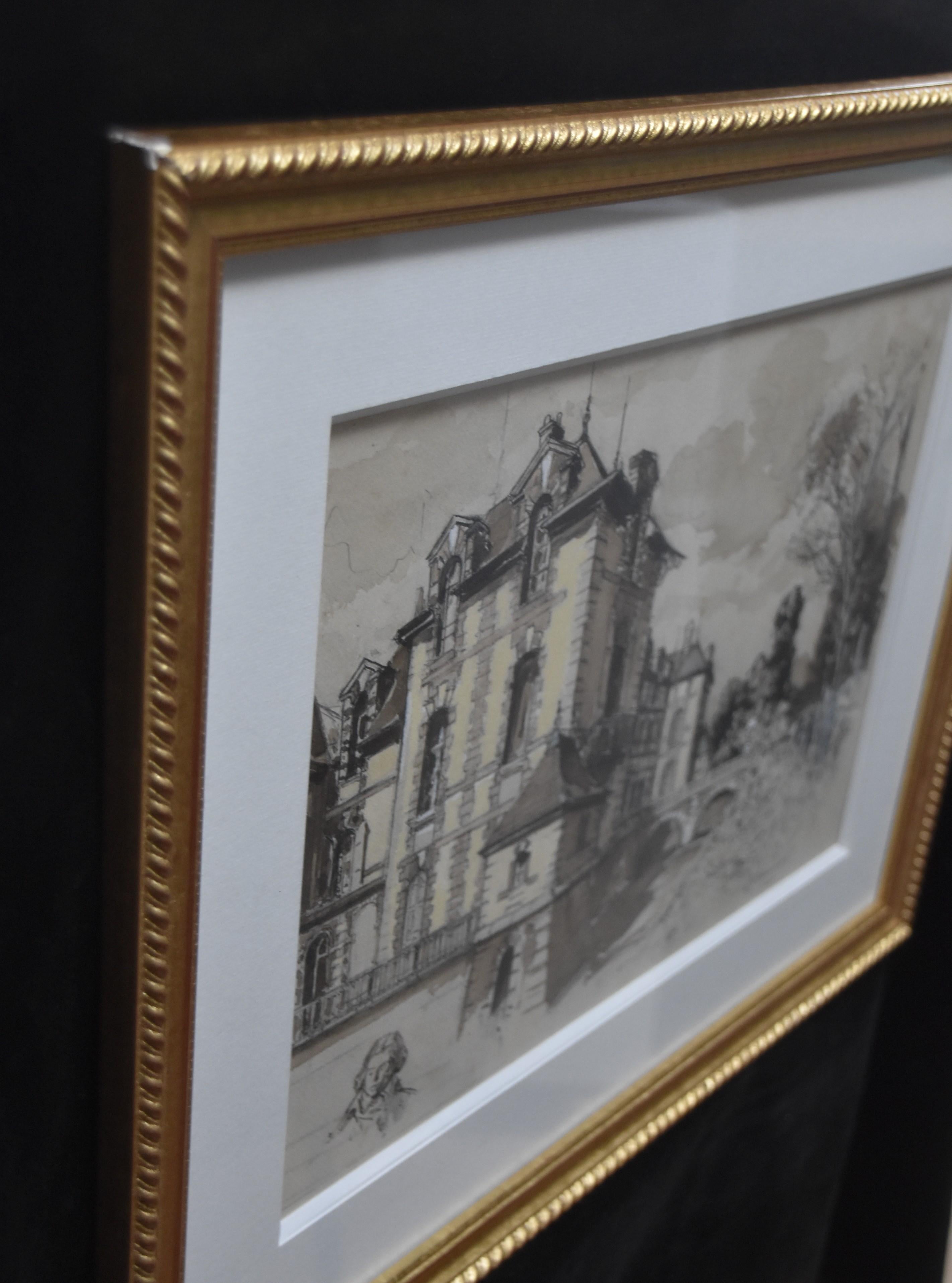 Frankreich, Anfang des 20. Jahrhunderts, Ansicht der Burg von Grosbois und Kopfstudie, Aquarell im Angebot 3