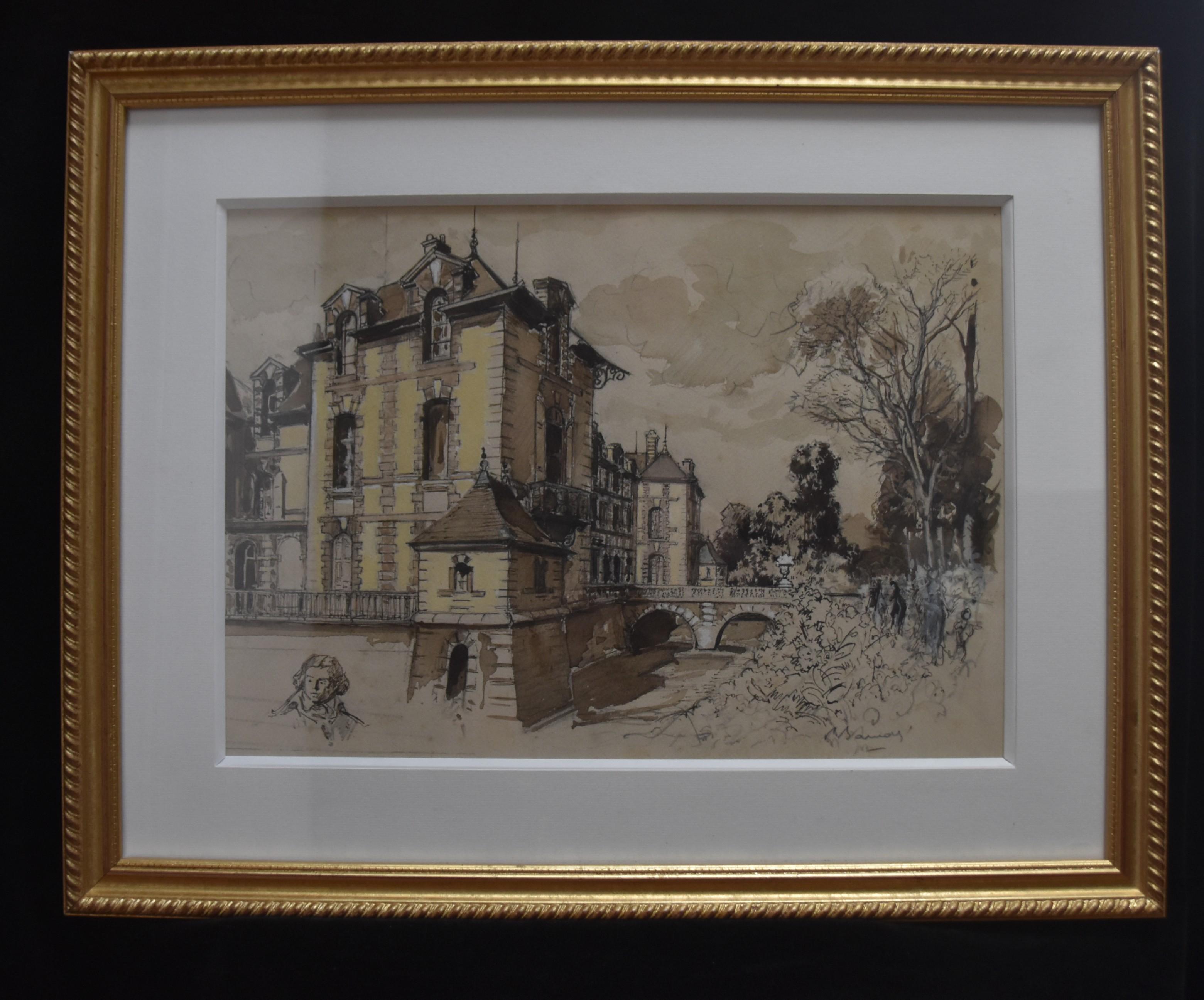France early 20th century View of the Grosbois castle and head study, watercolor For Sale 4