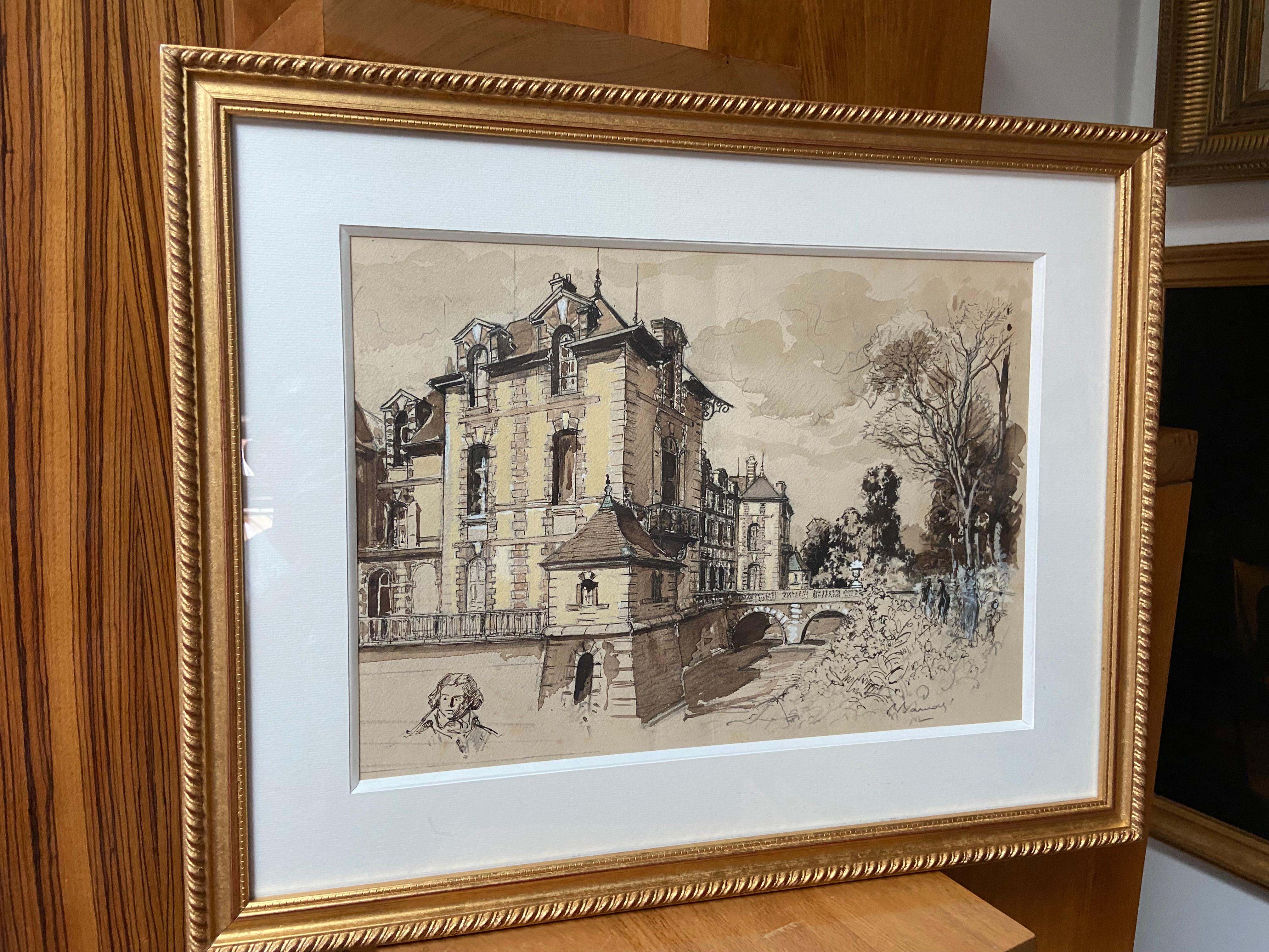 Frankreich, Anfang des 20. Jahrhunderts, Ansicht der Burg von Grosbois und Kopfstudie, Aquarell im Angebot 5
