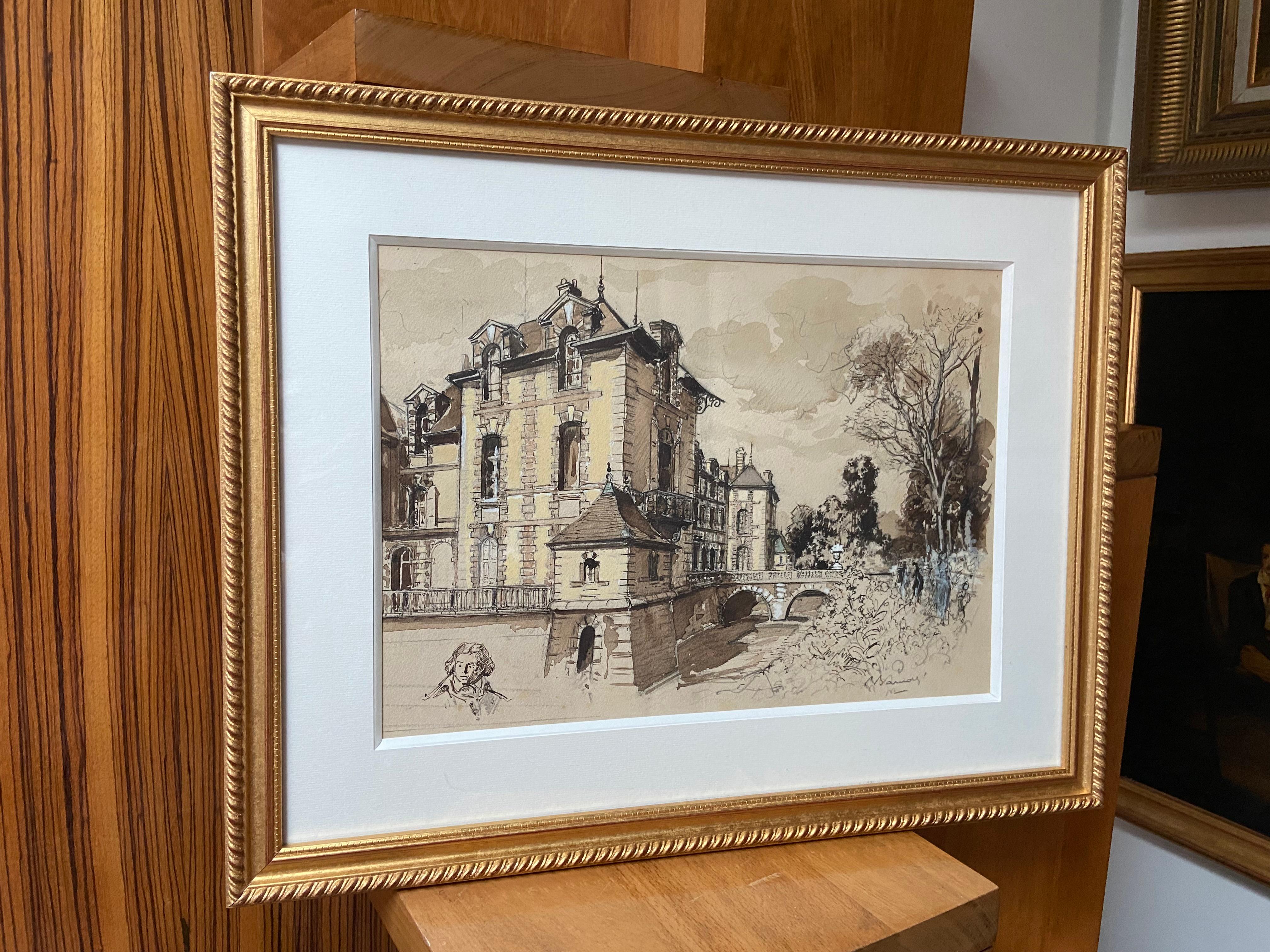 France early 20th century View of the Grosbois castle and head study, watercolor For Sale 6