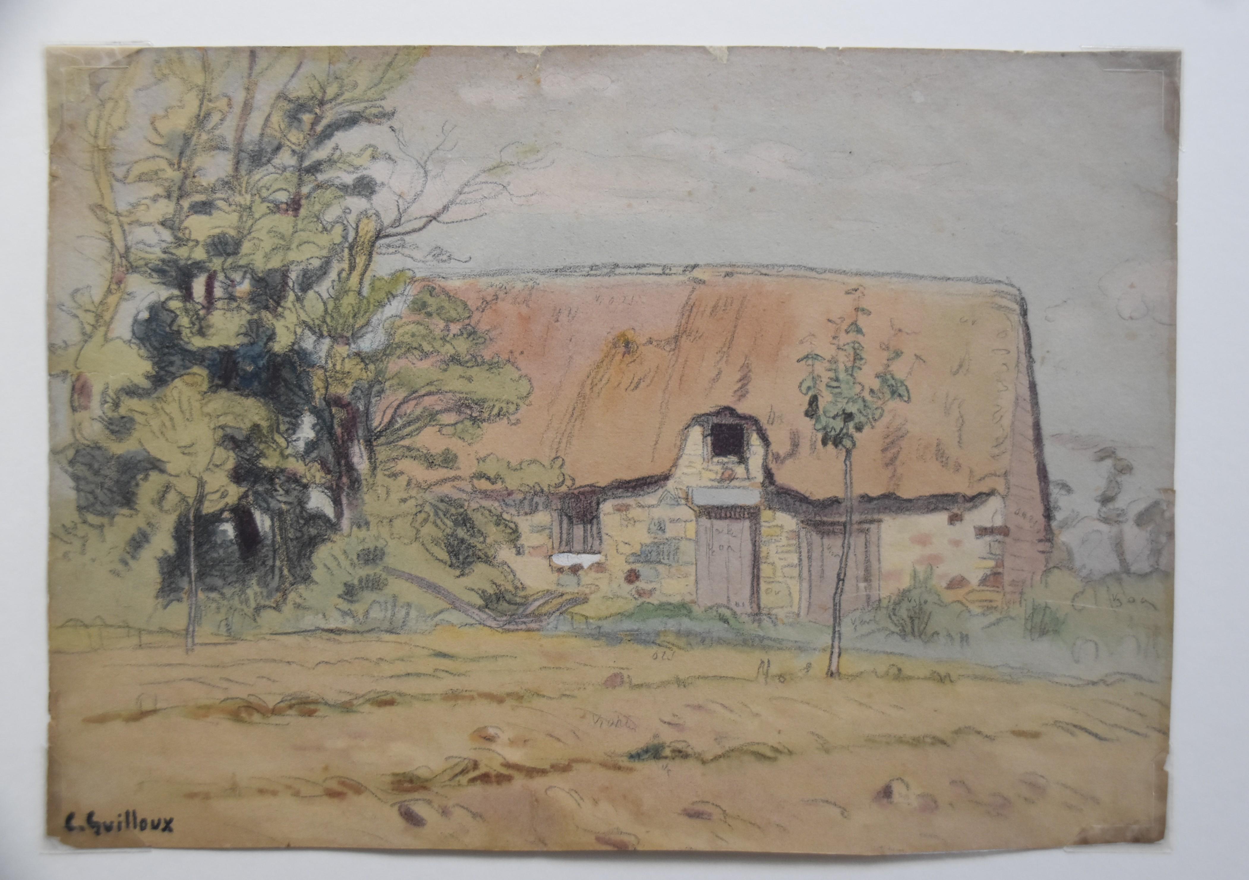 Charles-Victor Guilloux (1866-1946) 
A thatched cottage in countryside
Watercolor on paper 
22 x 32 cm 
Signature stamp on the bottom left 
In a simple mount (not framed)
Condition : Slightly yellowed by time, the four corners and the upper border