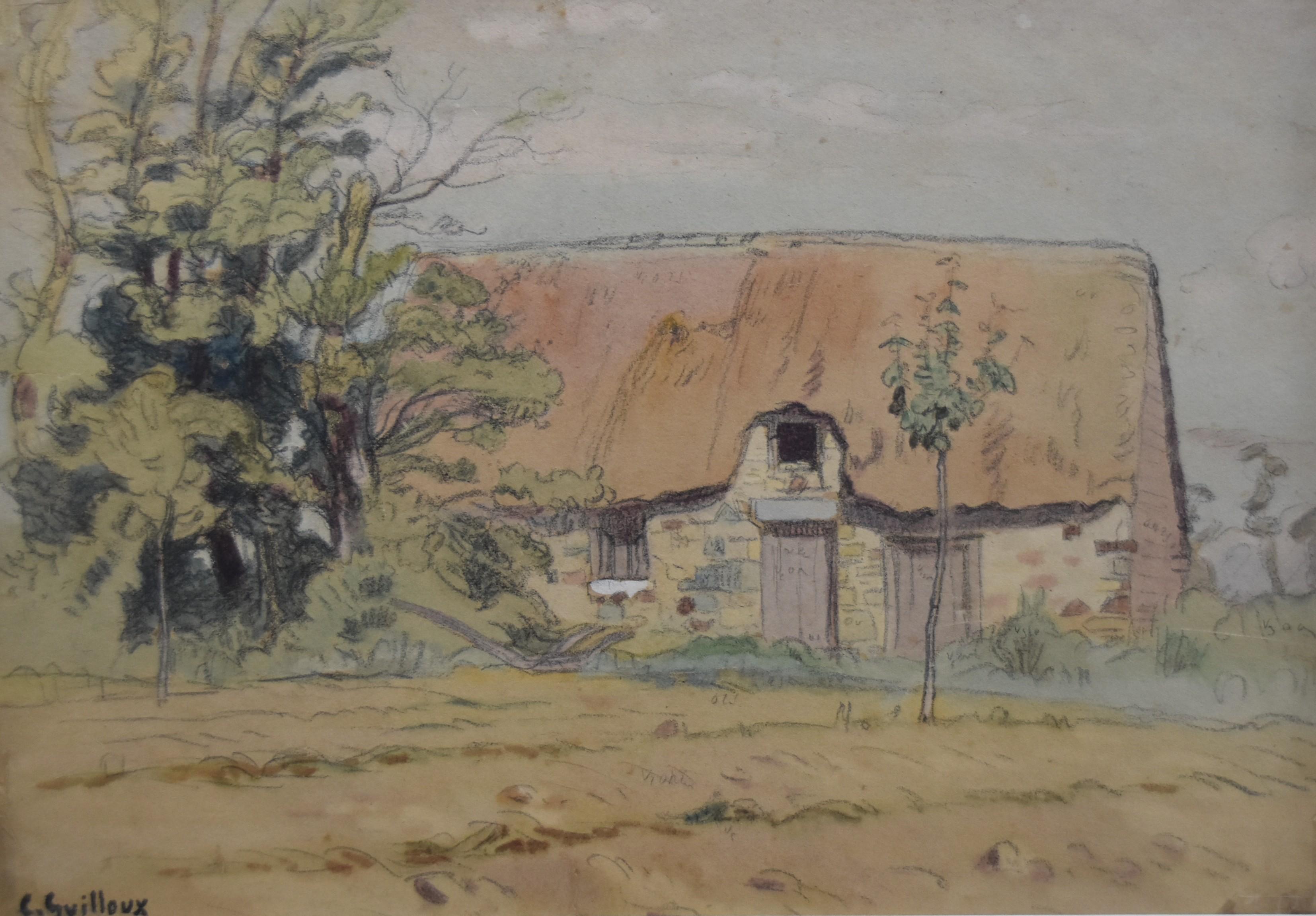 Charles-Victor Guilloux (1866-1946) 
Ein strohgedecktes Haus auf dem Lande
Aquarell auf Papier 
22 x 32 cm 
Unterschriftsstempel unten links 
In einem einfachen Passepartout (nicht gerahmt)
Zustand: Leicht vergilbt, die vier Ecken und der obere Rand