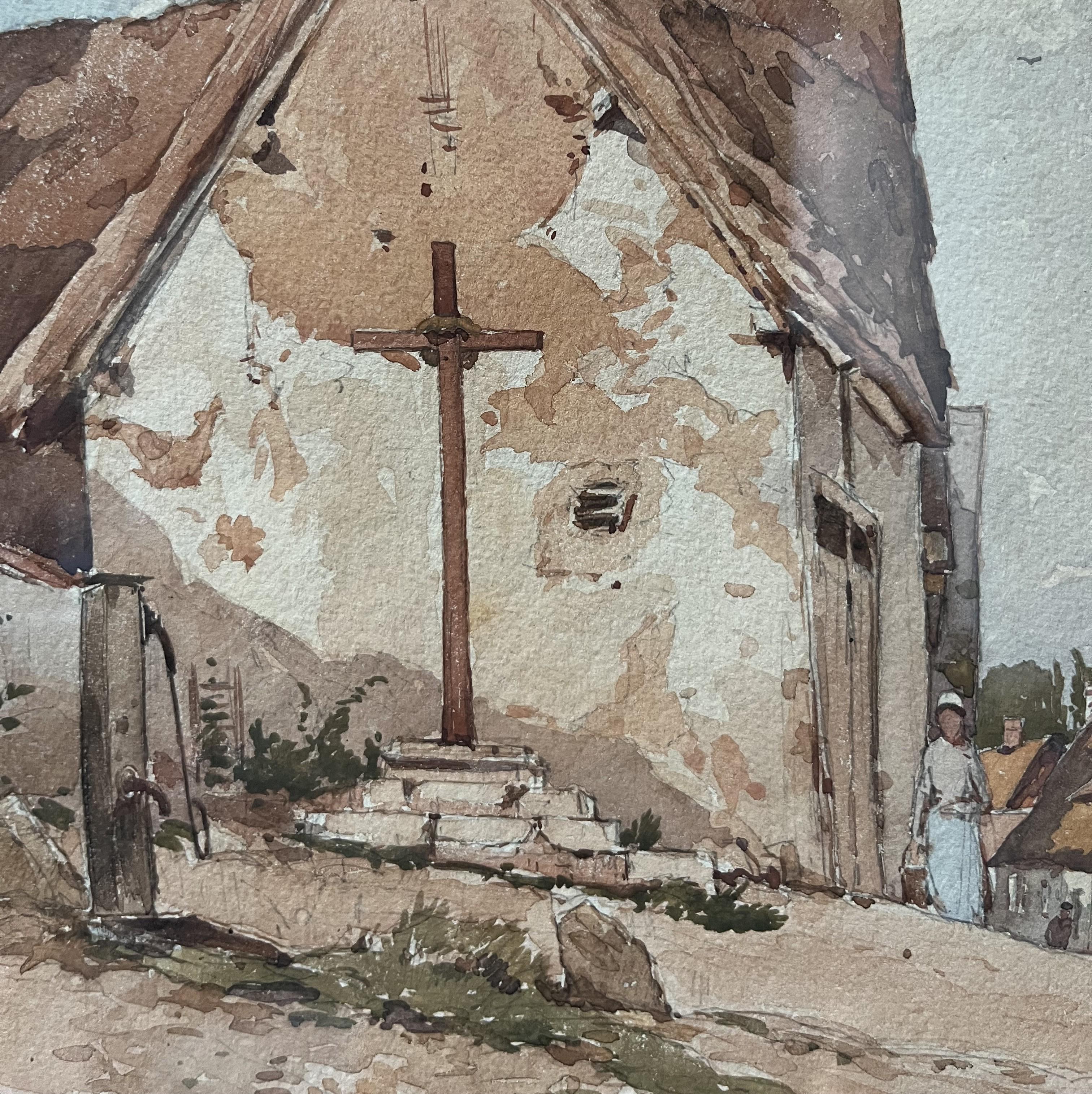 Paul Lecomte (1842-1920) Una strada di paese con un calvario, acquerello in vendita 4