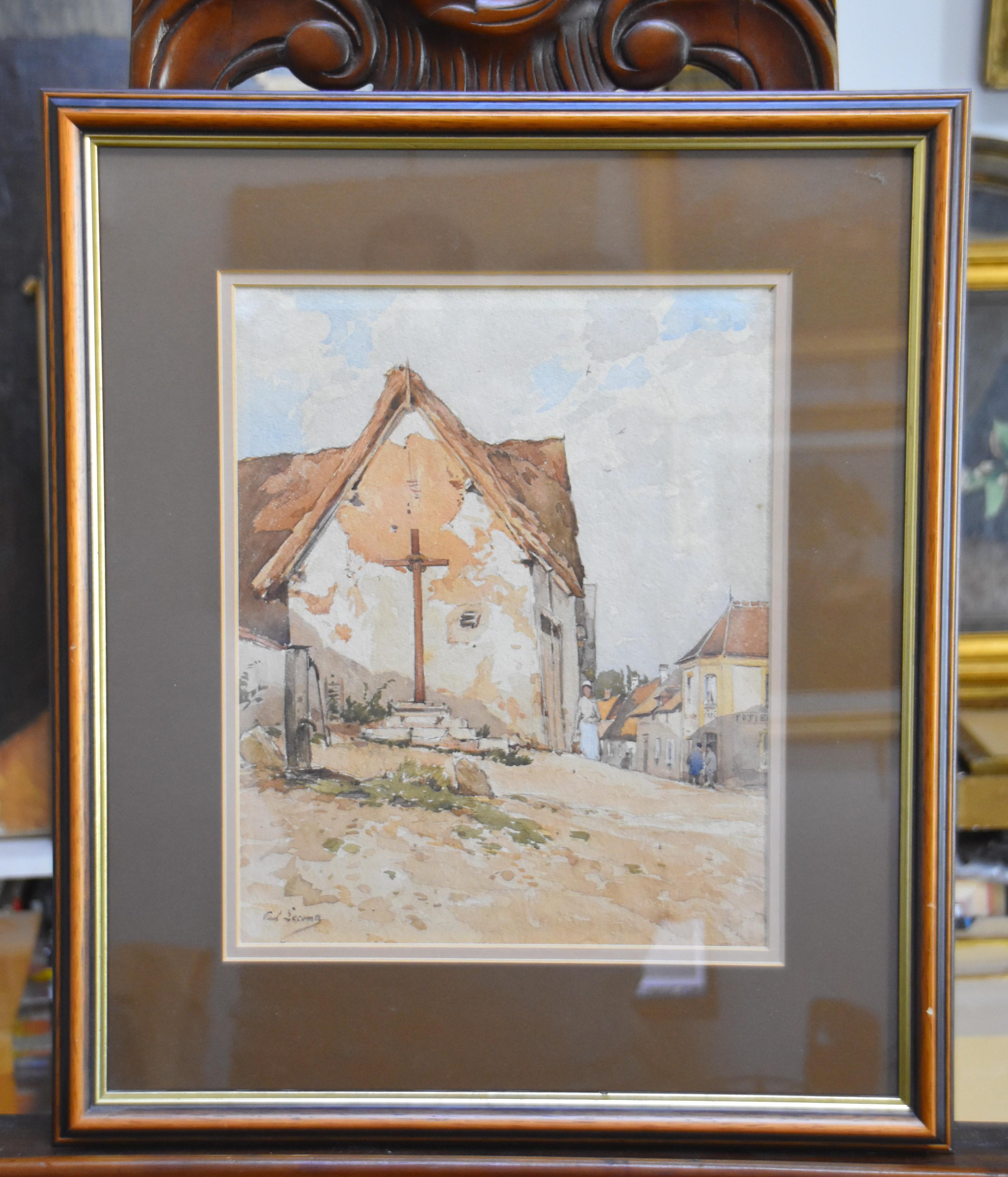 Paul Lecomte (1842-1920) Une rue de village avec un calvary, aquarelle en vente 1